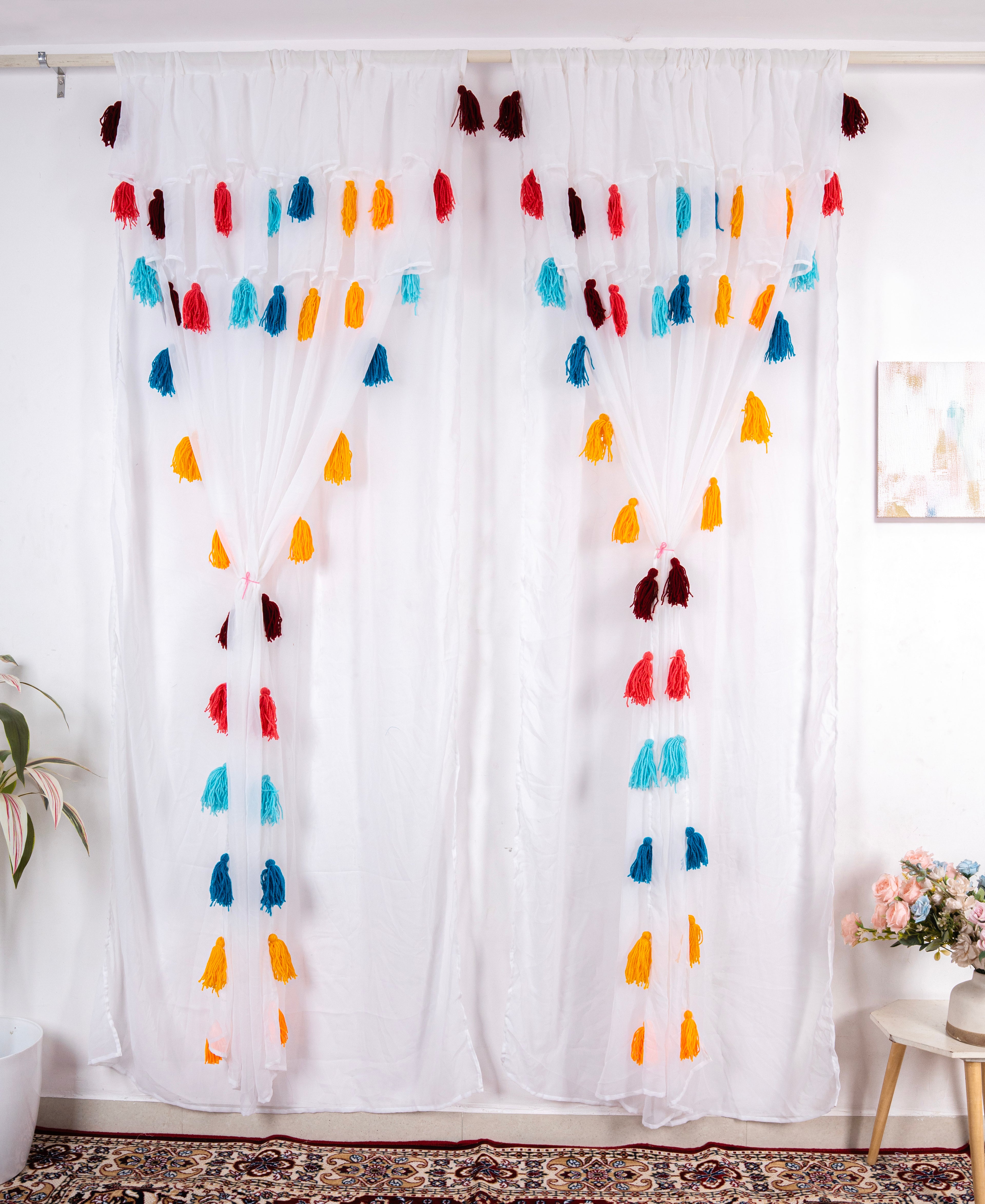 Sheer White Curtains with Multicolor Tassel Details – Set of 2 Panels