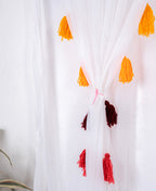 Sheer White Curtains with Multicolor Tassel Details – Set of 2 Panels