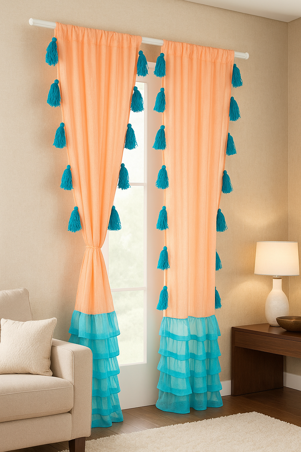 Peach Curtains with Teal Layered Bottom and Tassel Detailing Main image