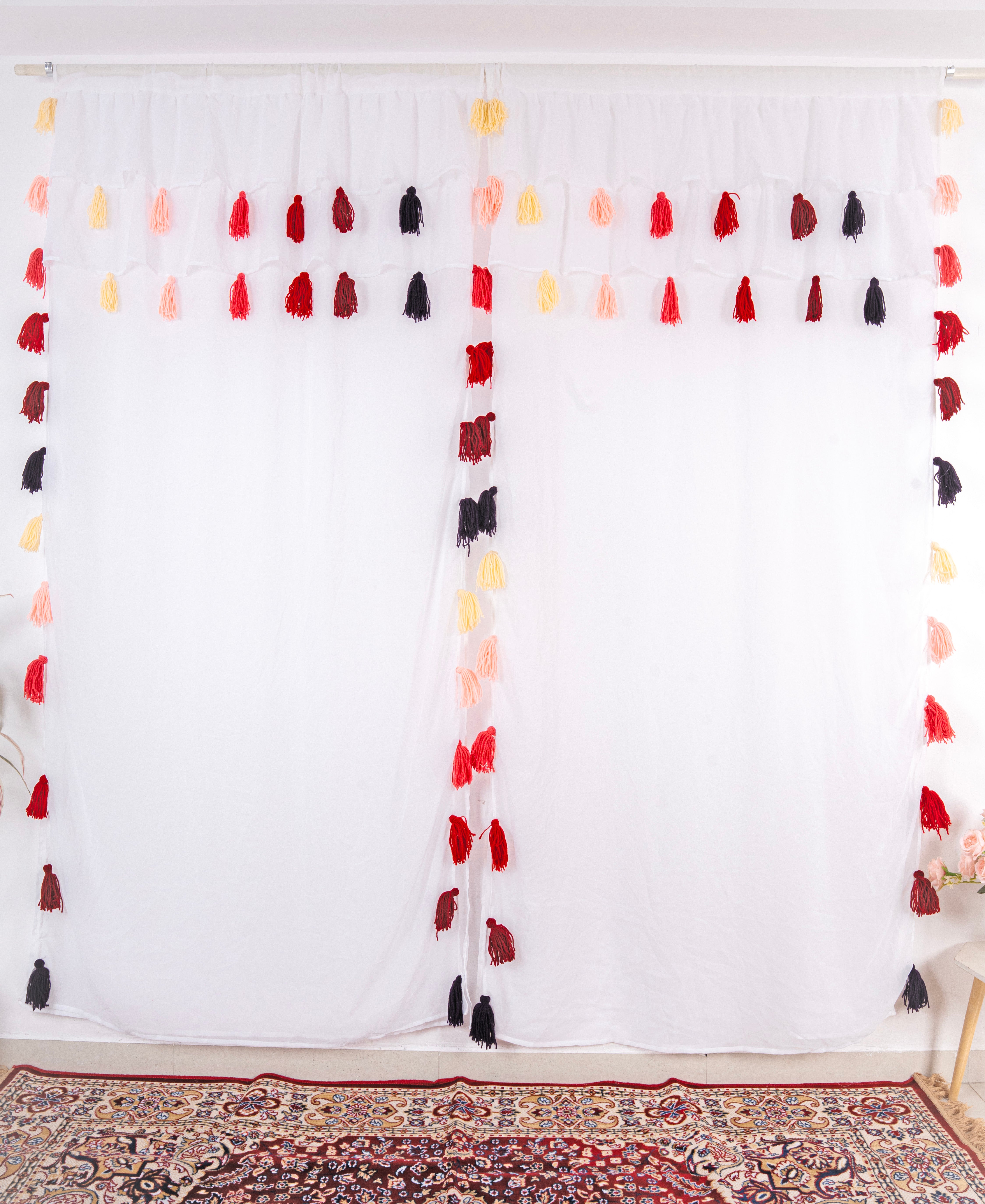 Sheer White Curtains with Red, Peach, Yellow and Black Tassel Details – Set of 2 Panels Secondary image