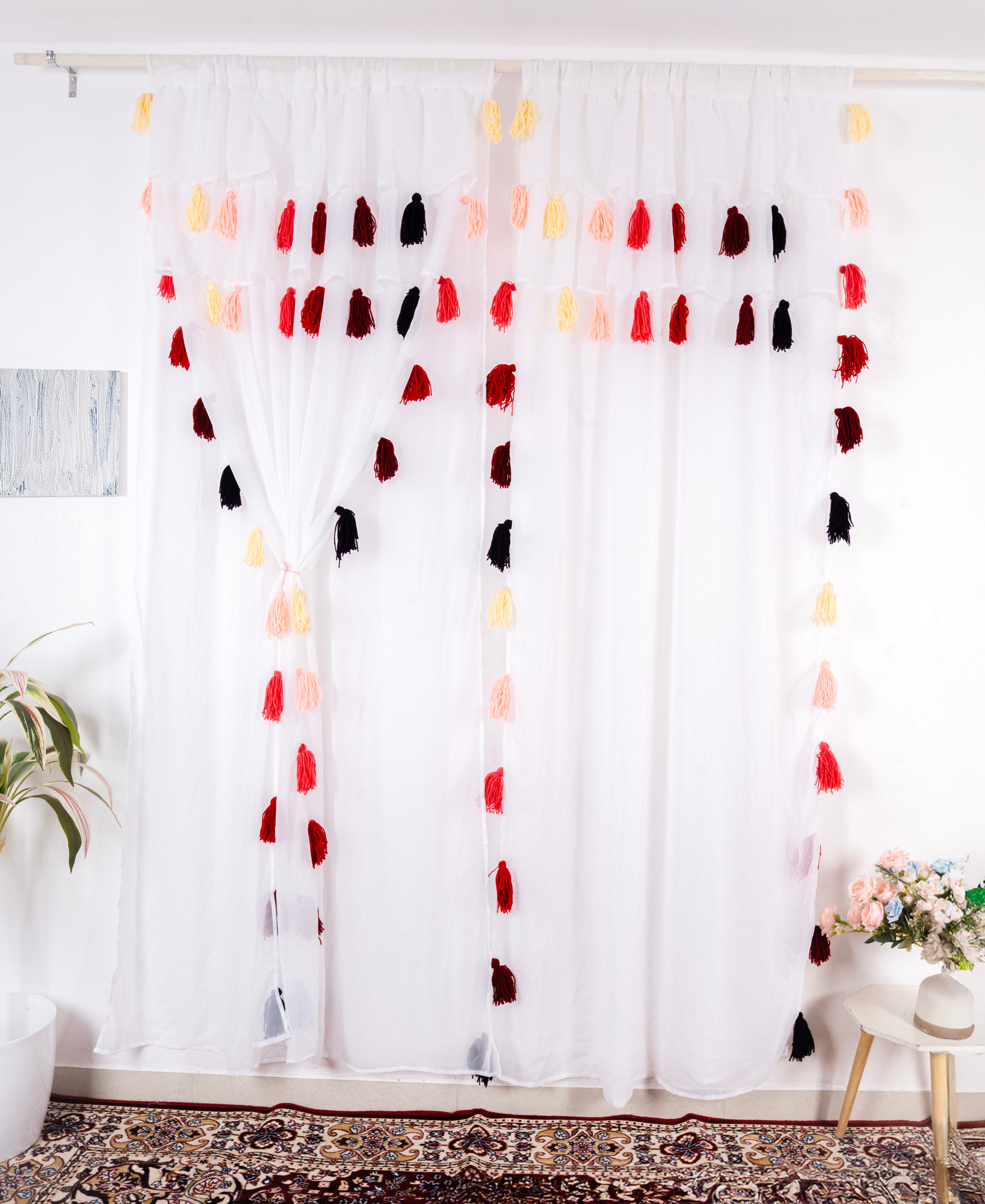 Sheer White Curtains with Red, Peach, Yellow and Black Tassel Details – Set of 2 Panels