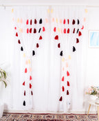 Sheer White Curtains with Red, Peach, Yellow and Black Tassel Details – Set of 2 Panels