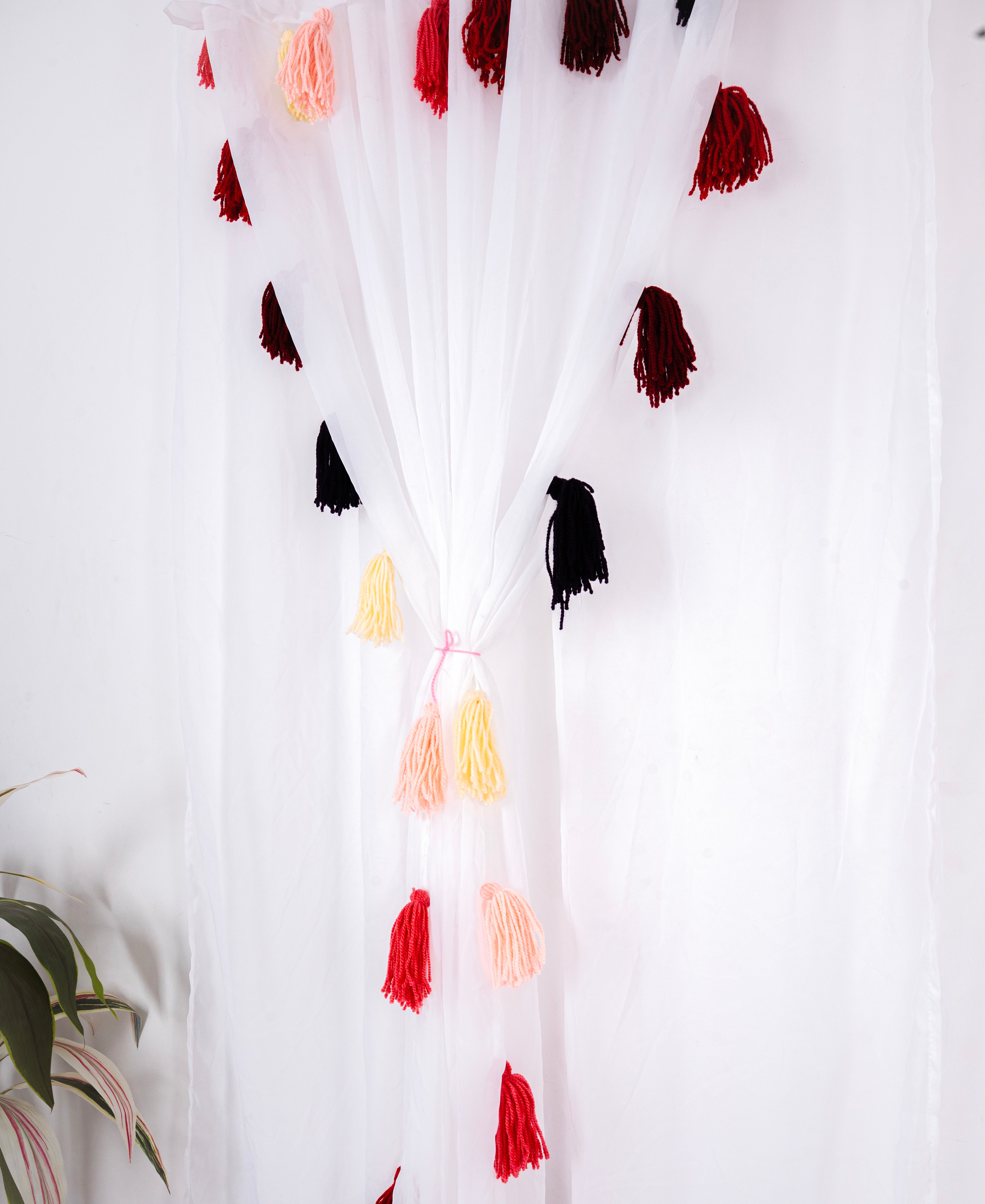 Sheer White Curtains with Red, Peach, Yellow and Black Tassel Details – Set of 2 Panels