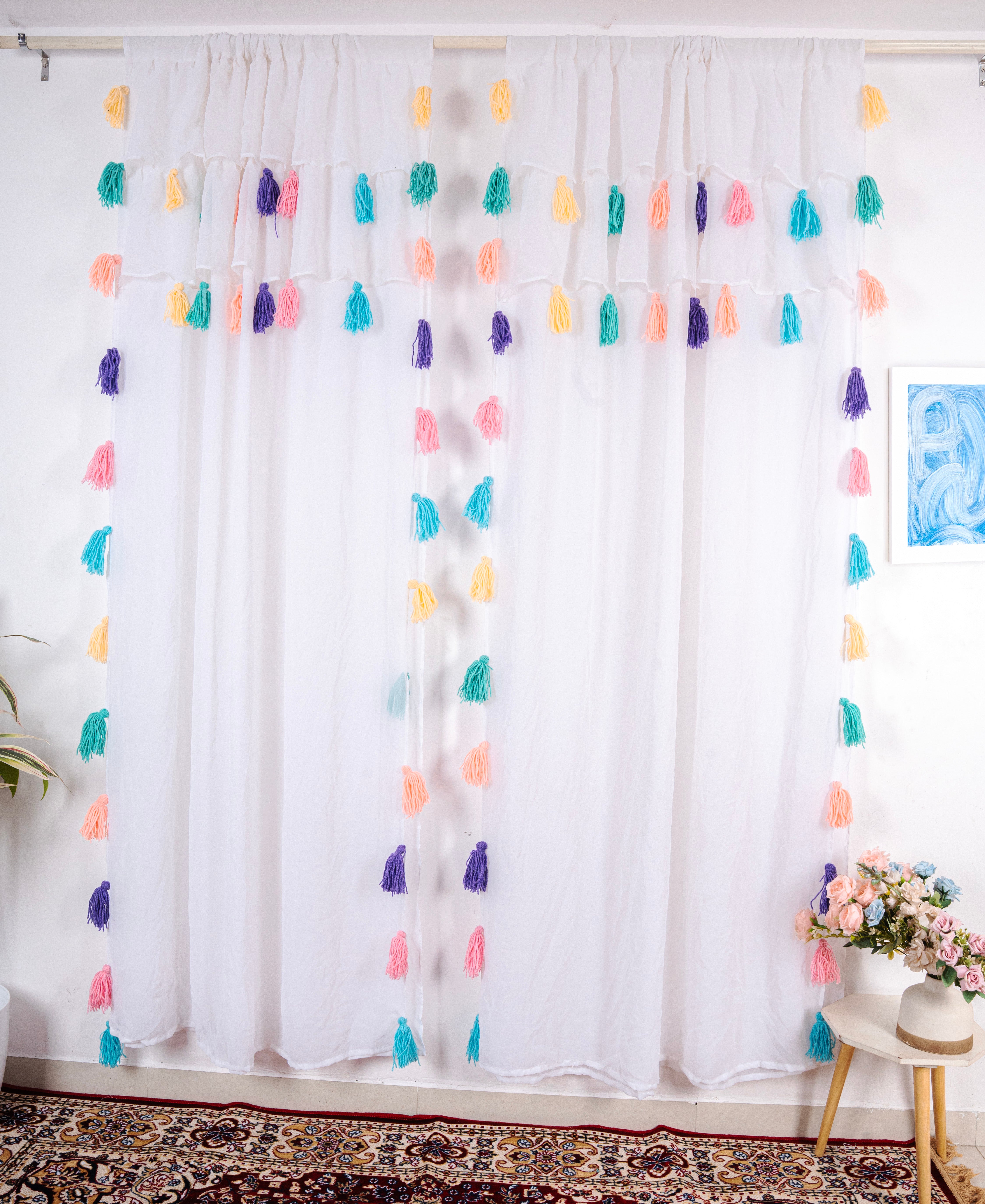 Lightweight White Window Curtains with Multicolor Tassel Accents – Set of 2 Panels Main image