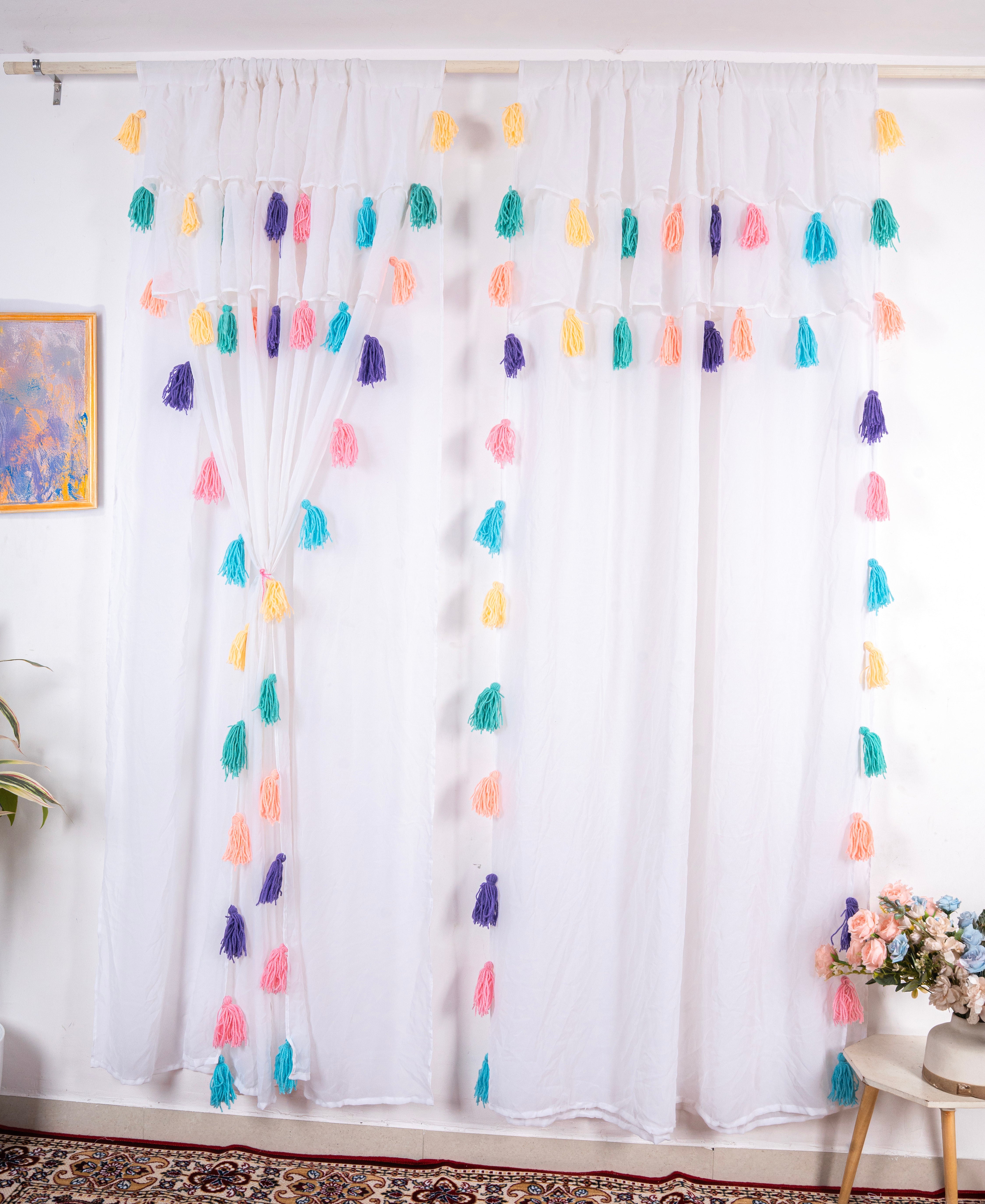 Lightweight White Window Curtains with Multicolor Tassel Accents – Set of 2 Panels Secondary image