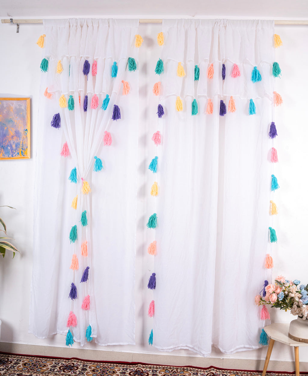 Lightweight White Window Curtains with Multicolor Tassel Accents – Set of 2 Panels