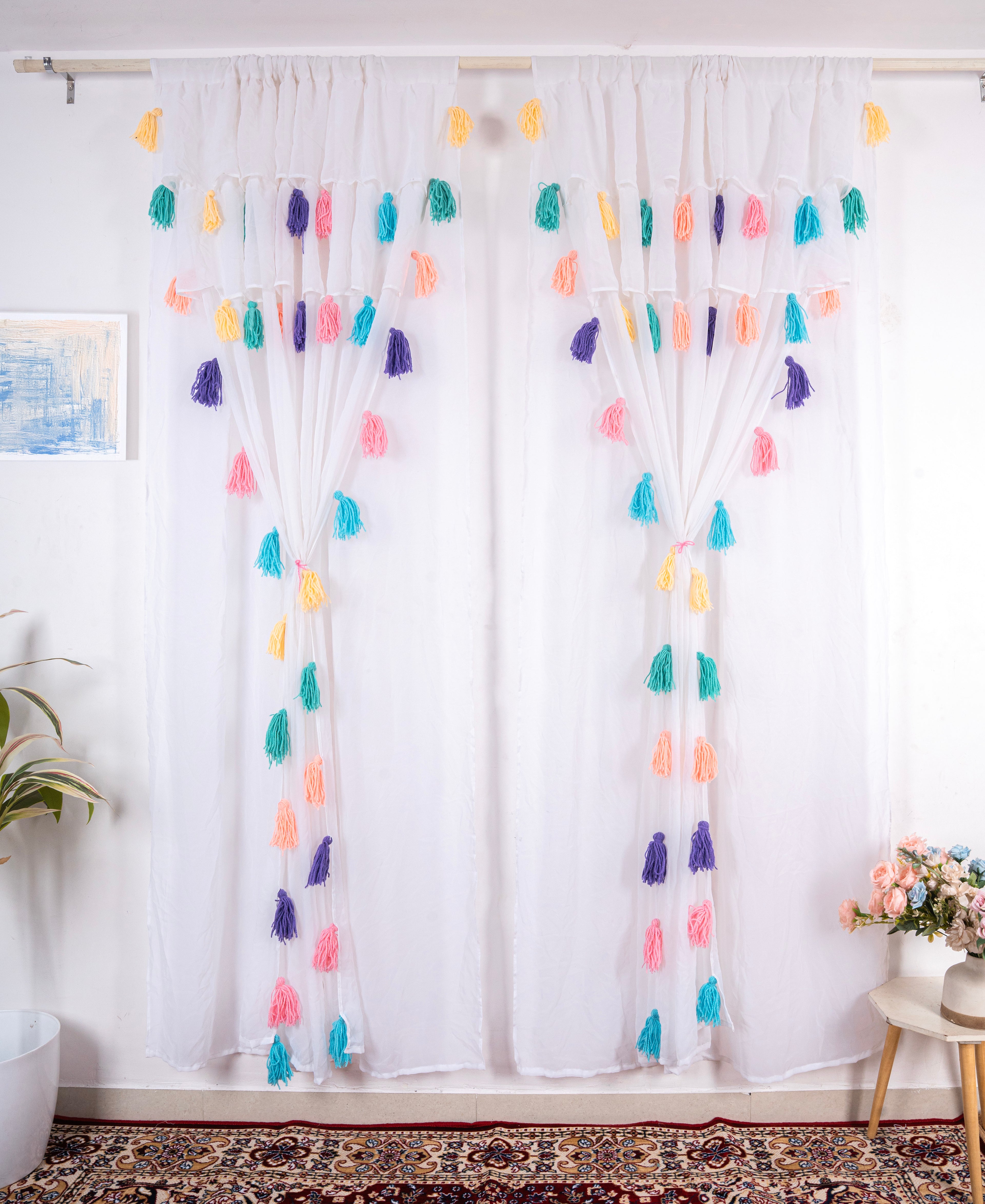 Lightweight White Window Curtains with Multicolor Tassel Accents – Set of 2 Panels