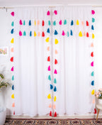 Sheer White Curtains with Bright Multicolor Tassel Details – Set of 2 Panels