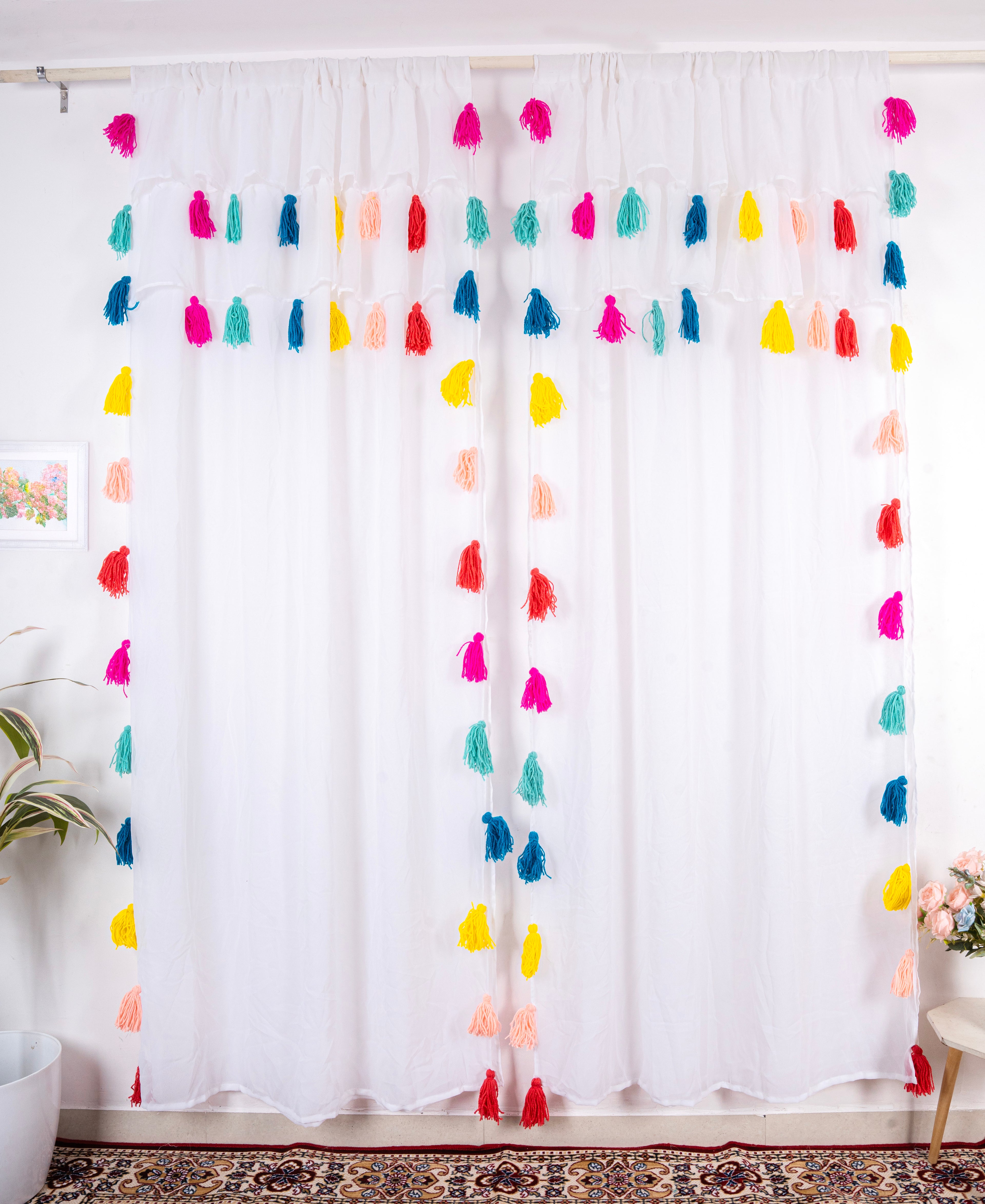 Sheer White Curtains with Bright Multicolor Tassel Details – Set of 2 Panels