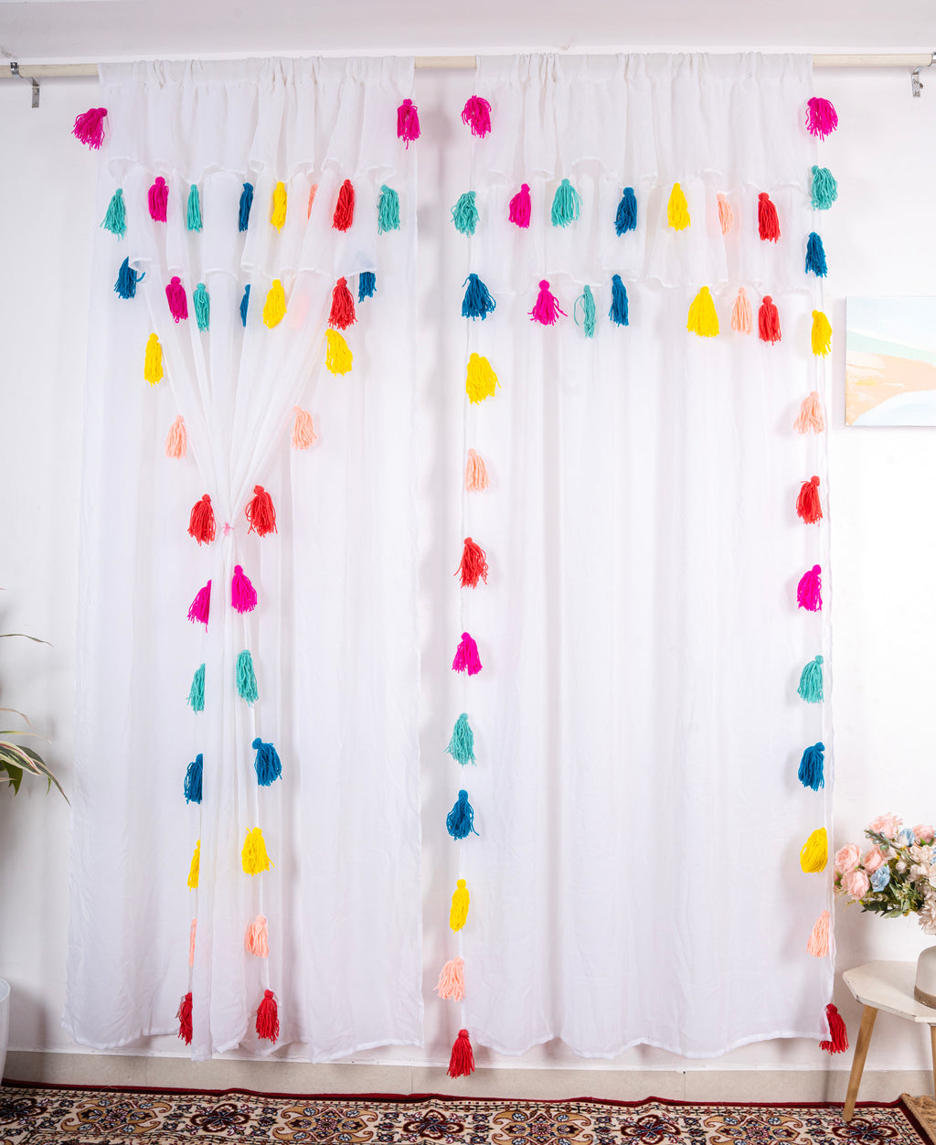 Sheer White Curtains with Bright Multicolor Tassel Details – Set of 2 Panels