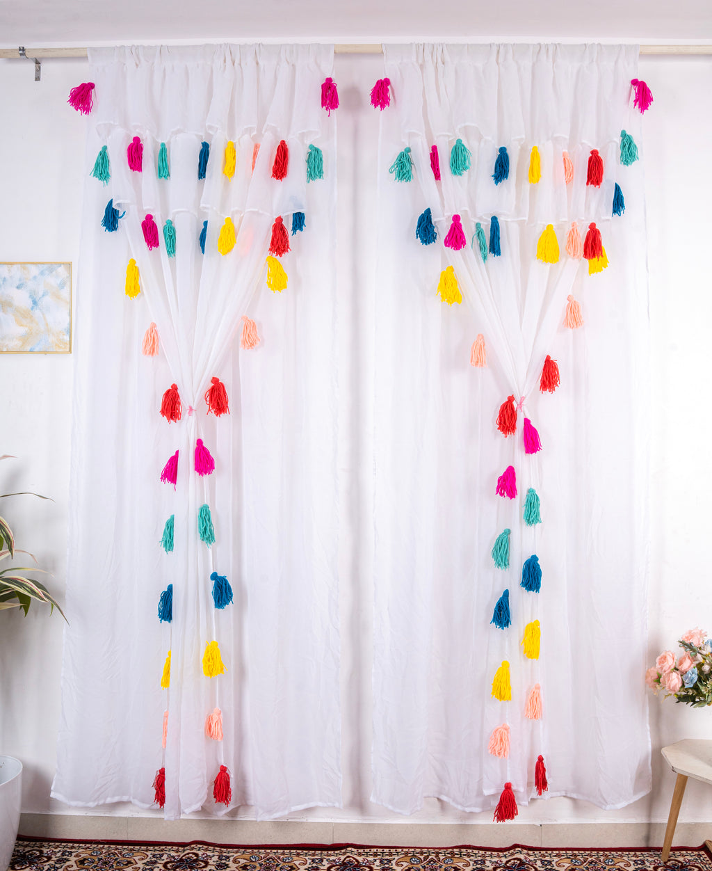 Sheer White Curtains with Bright Multicolor Tassel Details – Set of 2 Panels