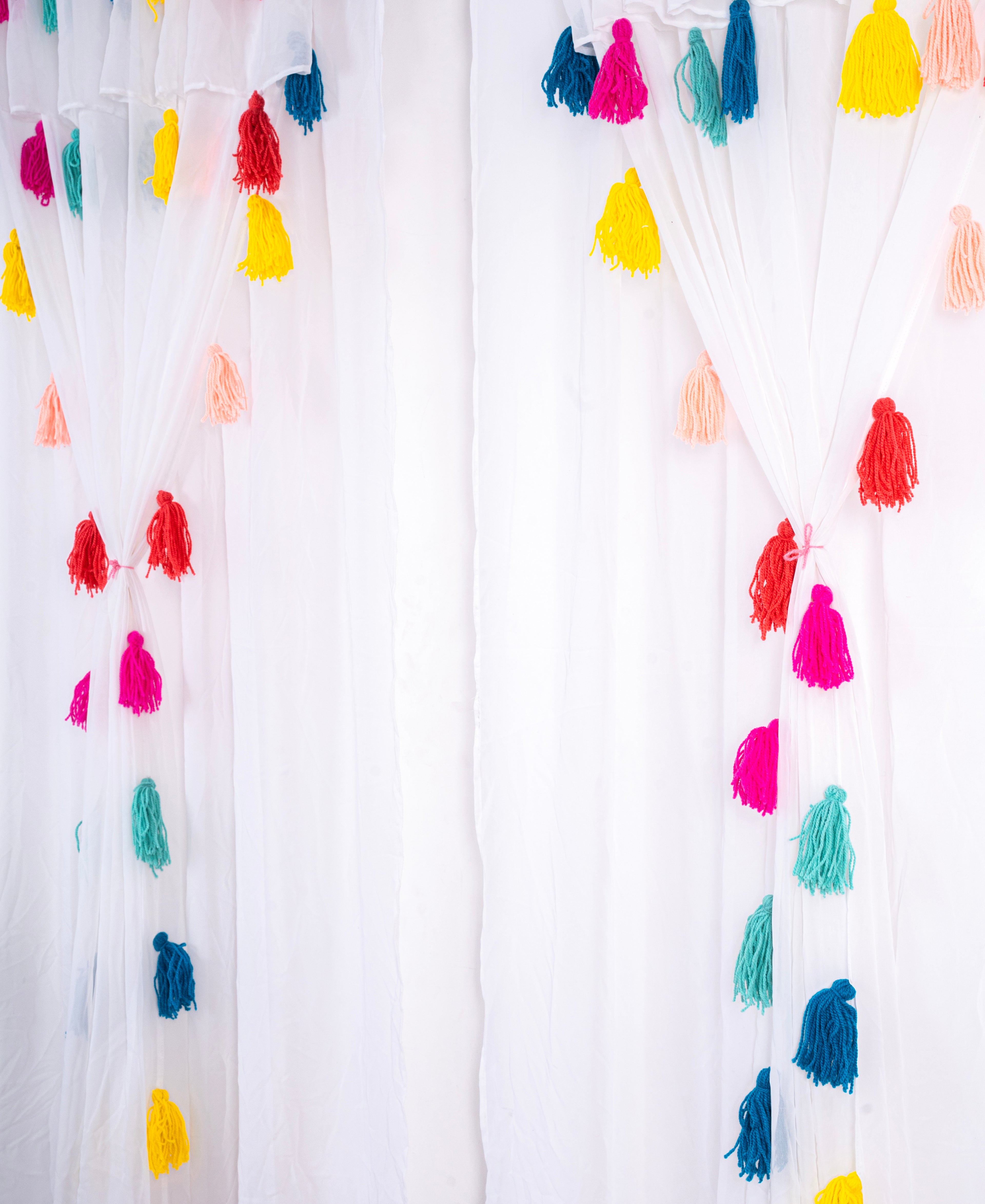 Sheer White Curtains with Bright Multicolor Tassel Details – Set of 2 Panels
