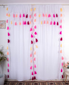 Sheer White Curtains with Pink and Peach Tassel Details – Set of 2 Panels