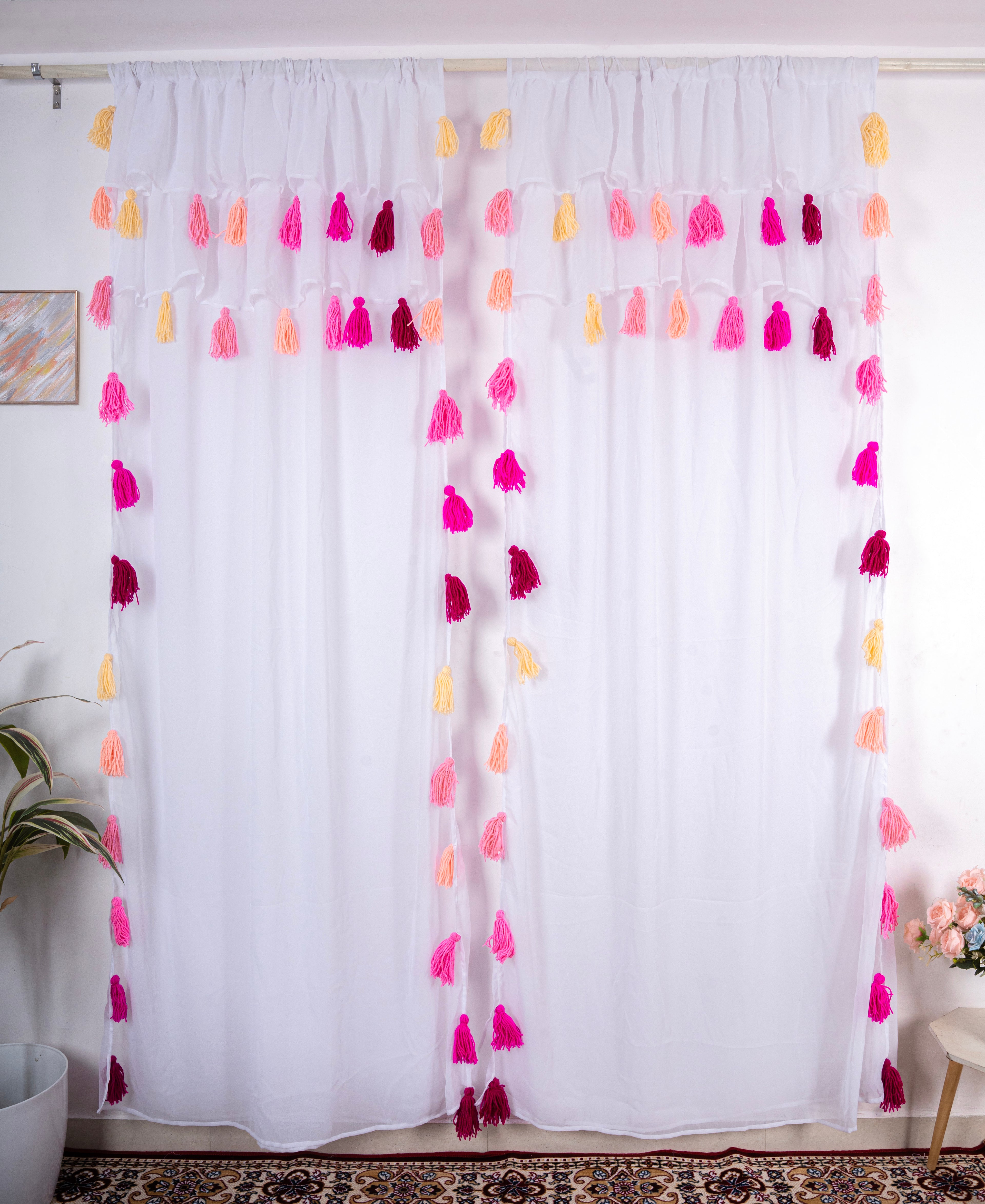 Sheer White Curtains with Pink and Peach Tassel Details – Set of 2 Panels
