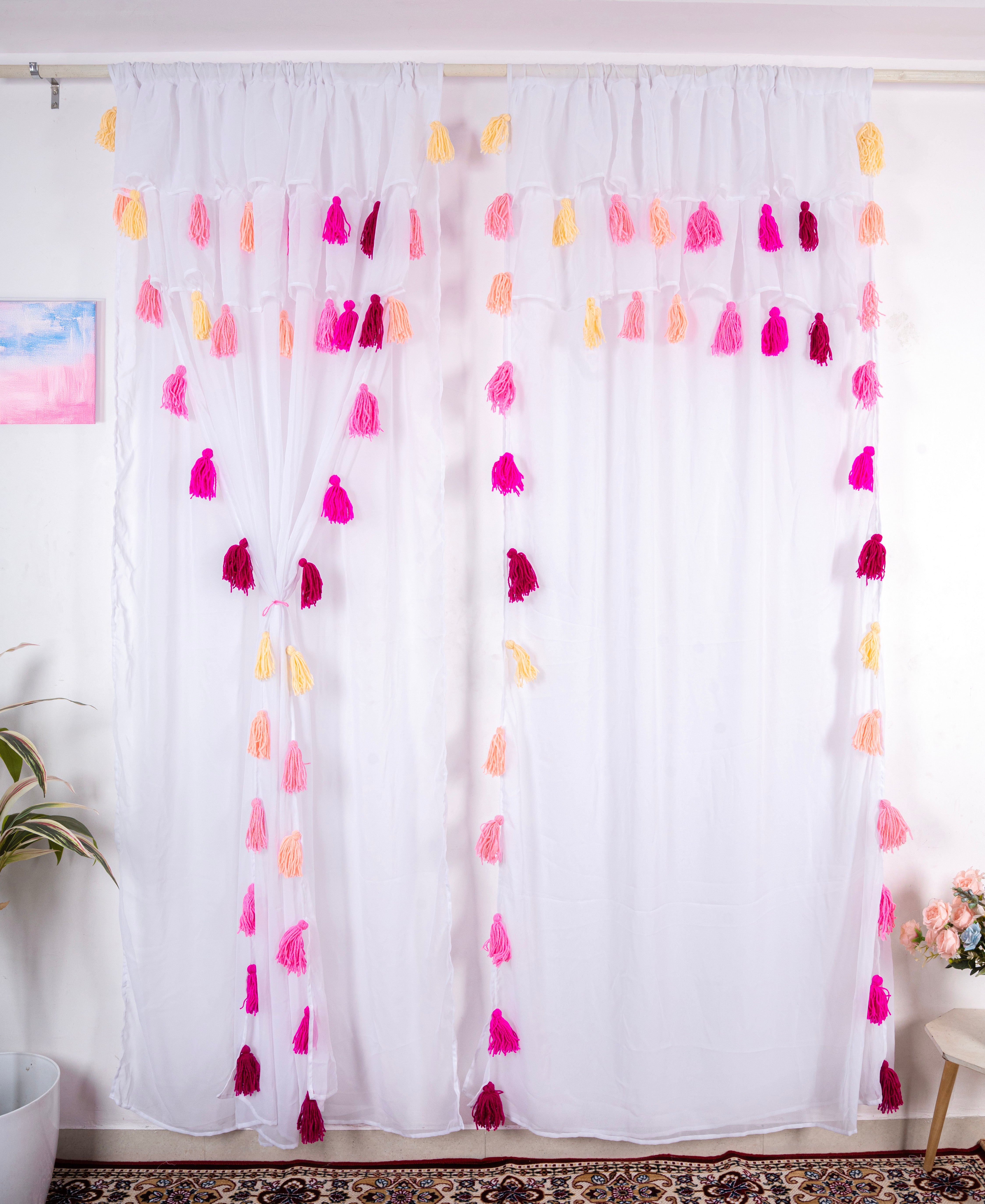 Sheer White Curtains with Pink and Peach Tassel Details – Set of 2 Panels Secondary image