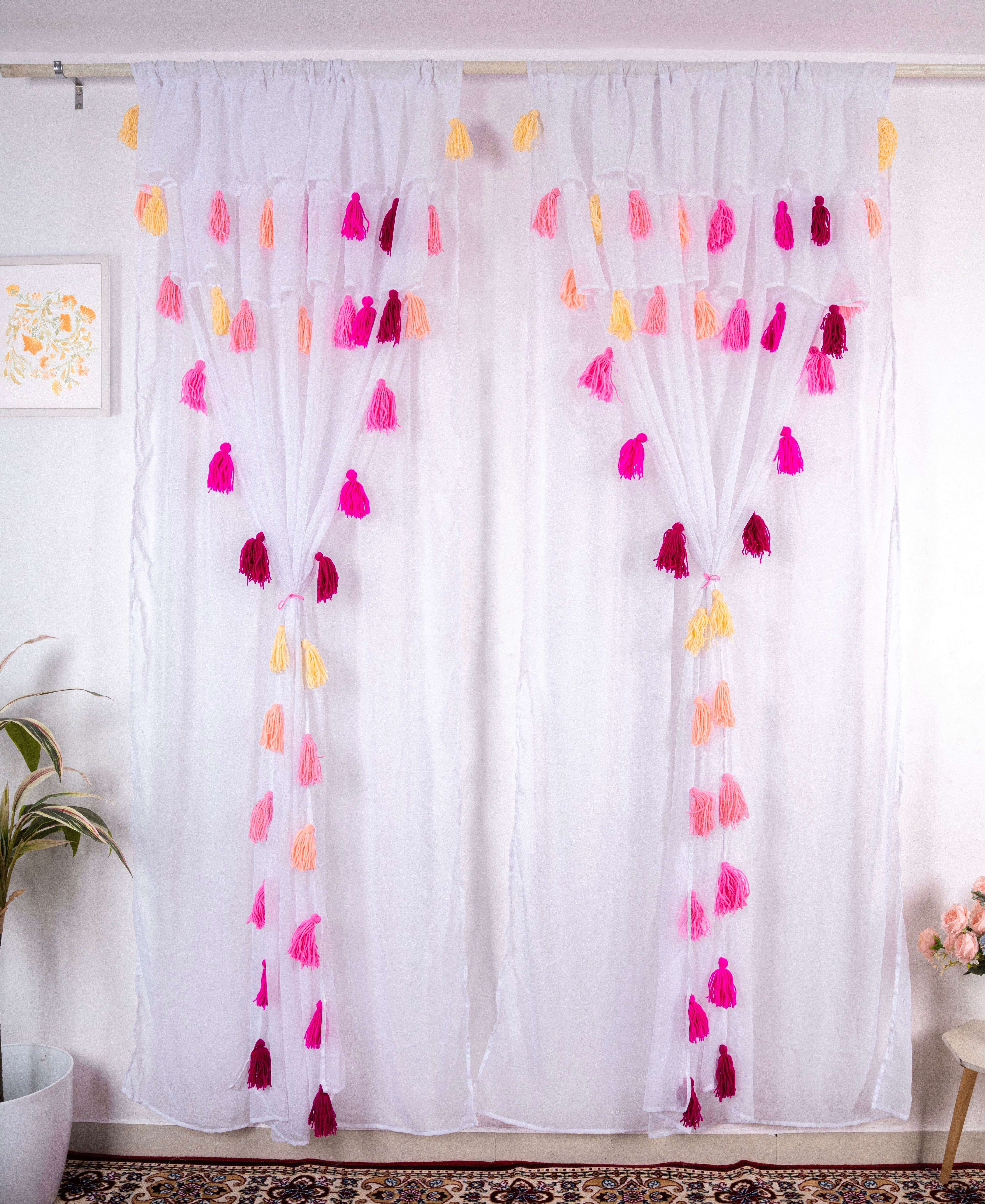 Sheer White Curtains with Pink and Peach Tassel Details – Set of 2 Panels Main image
