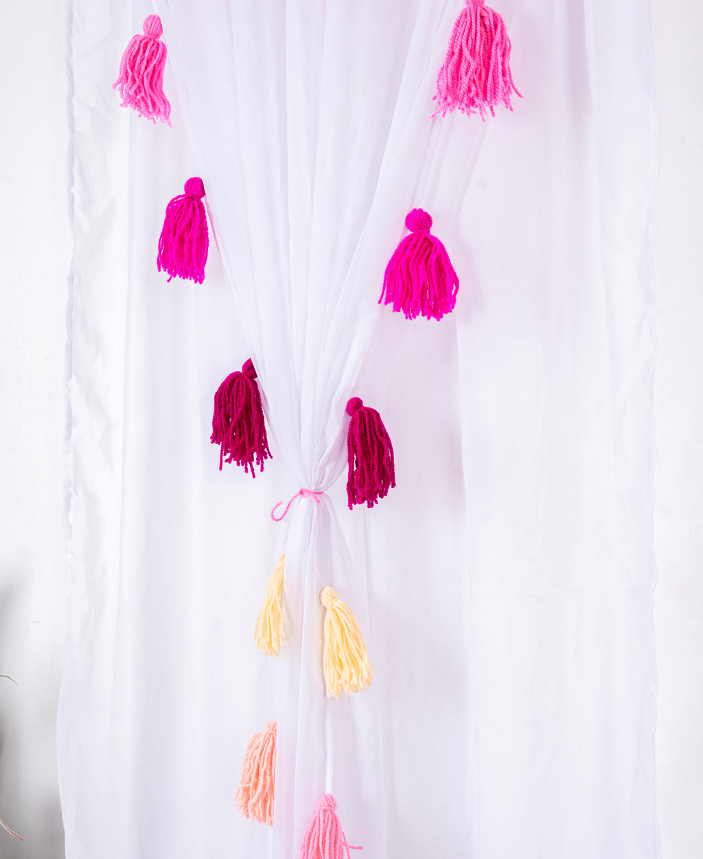 Sheer White Curtains with Pink and Peach Tassel Details – Set of 2 Panels