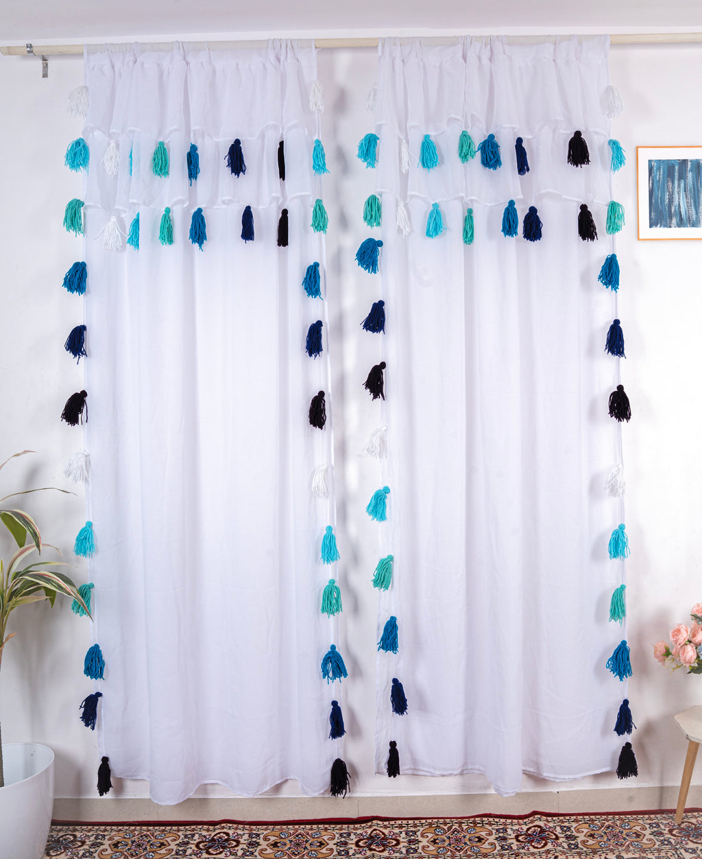 Sheer White Curtains with Blue and Teal Tassel Details – Set of 2 Panels