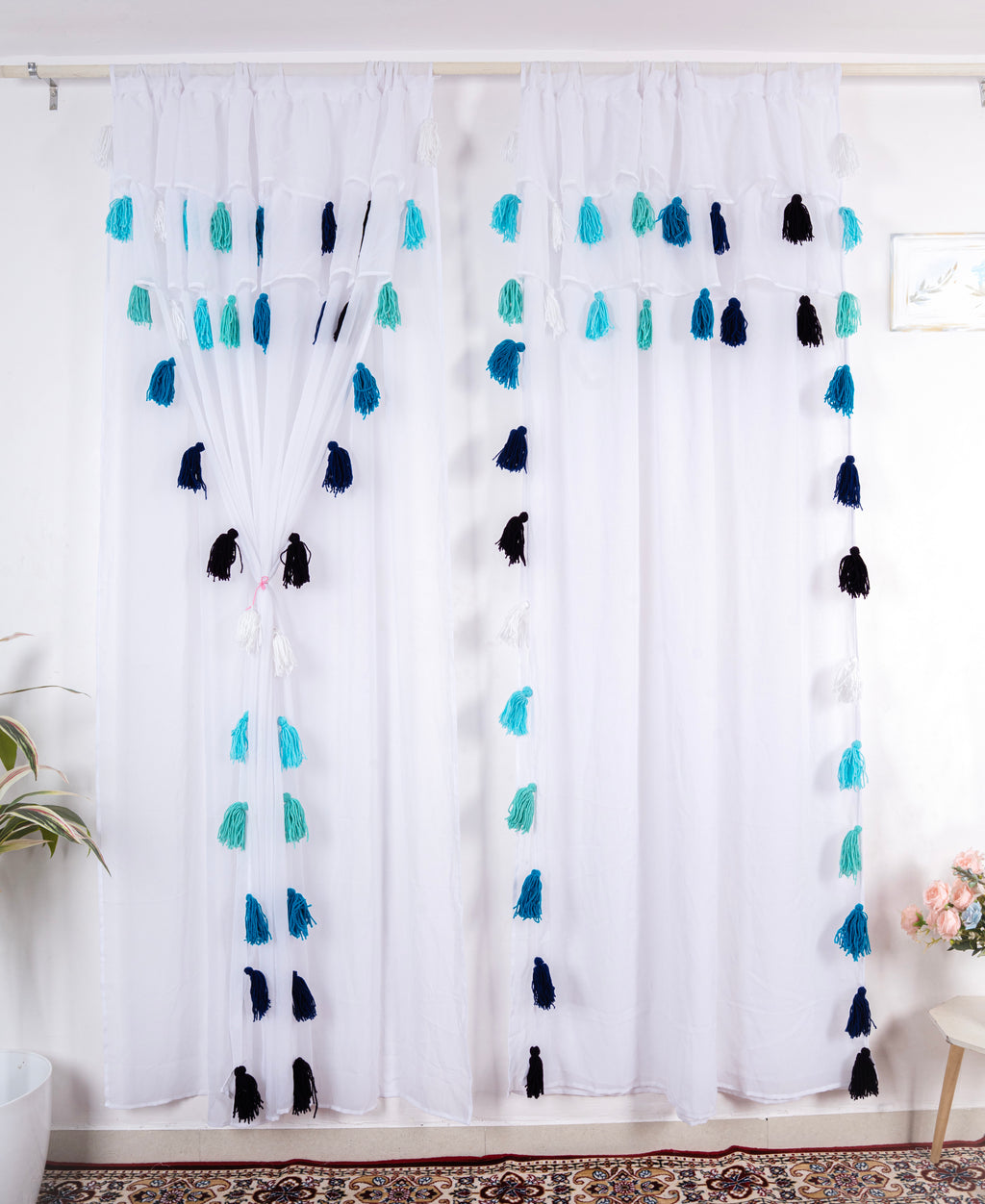 Sheer White Curtains with Blue and Teal Tassel Details – Set of 2 Panels