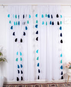Sheer White Curtains with Blue and Teal Tassel Details – Set of 2 Panels