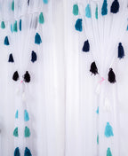 Sheer White Curtains with Blue and Teal Tassel Details – Set of 2 Panels
