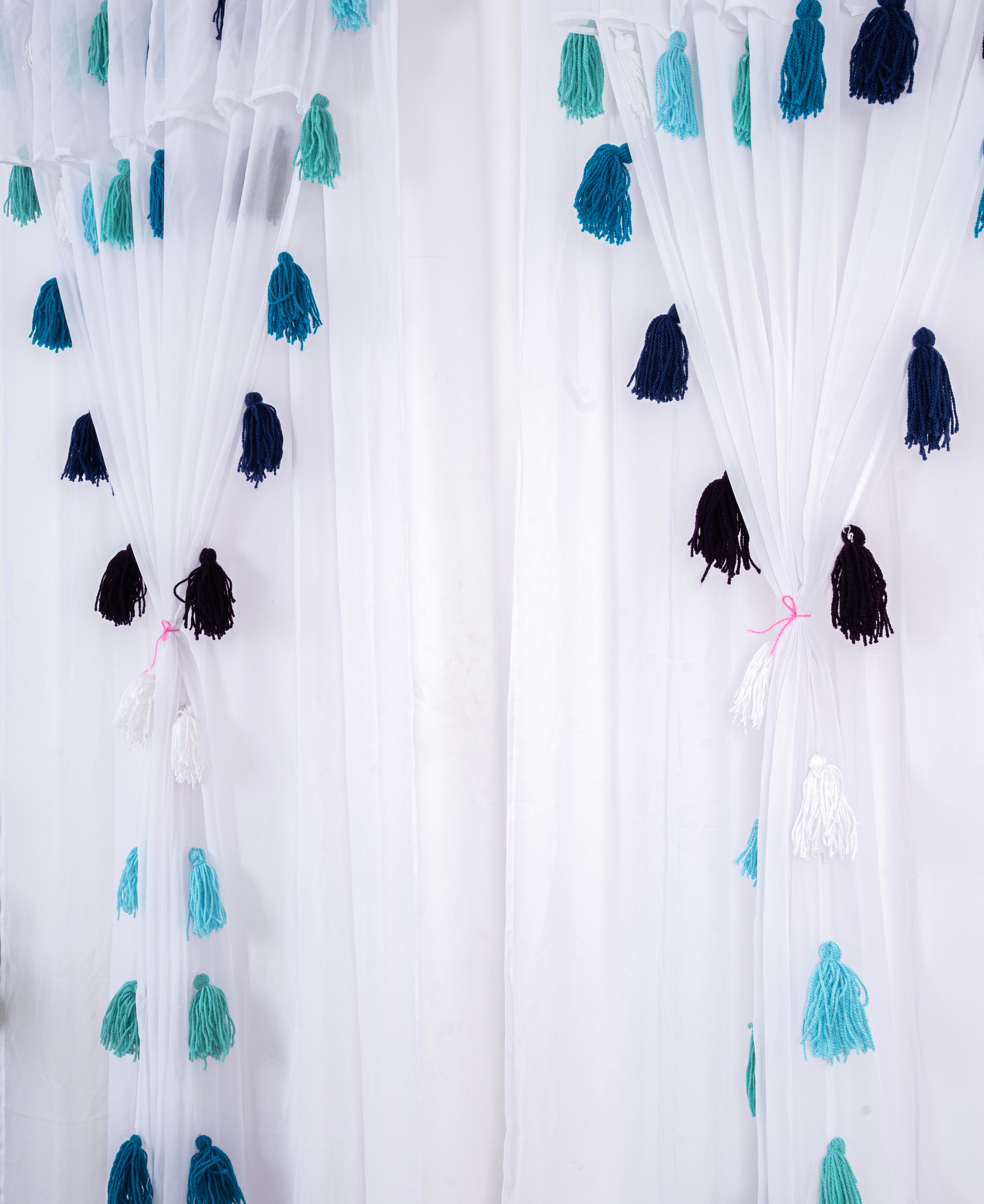 Sheer White Curtains with Blue and Teal Tassel Details – Set of 2 Panels