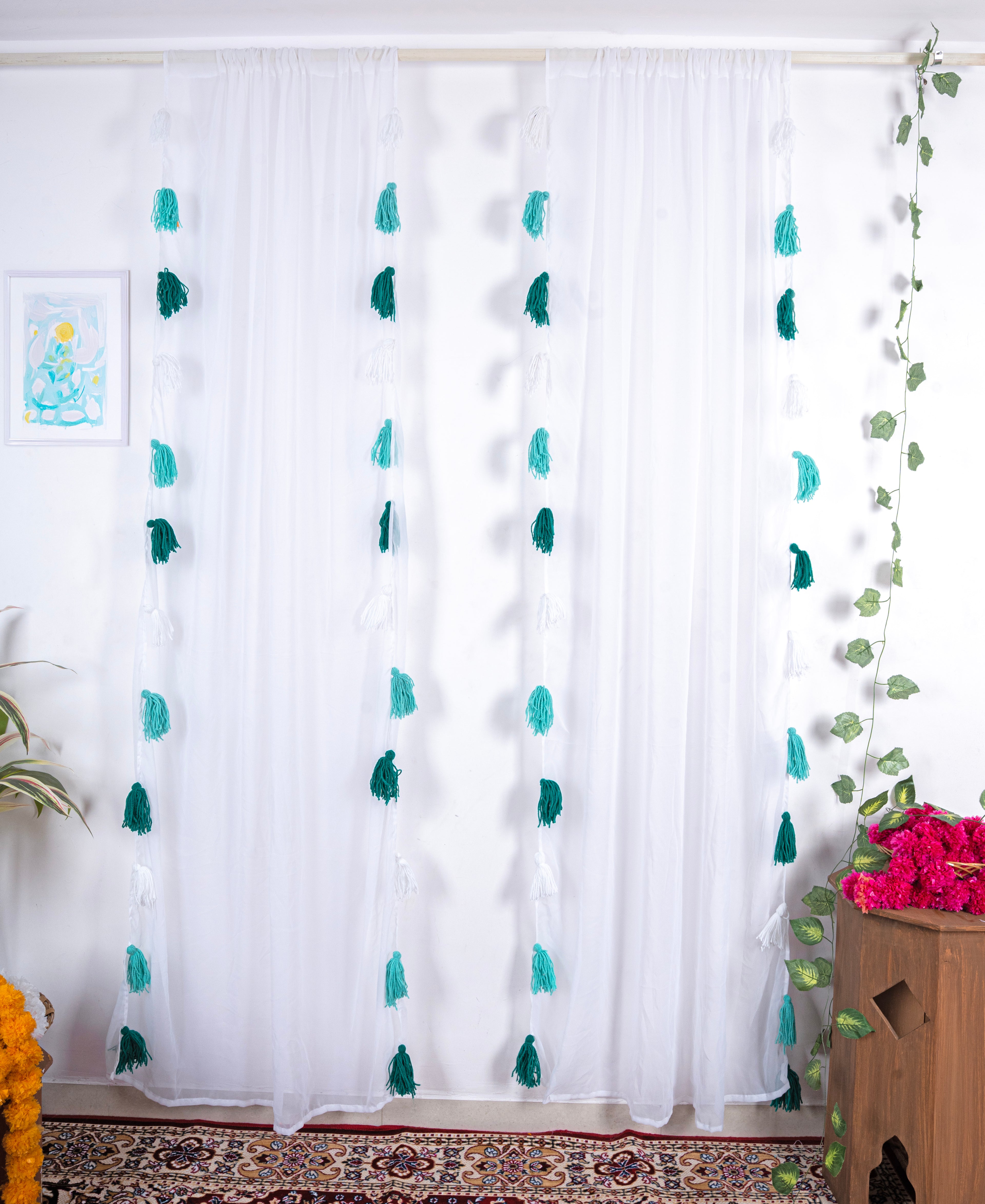 Soft White Curtains with Vertical Teal and Green Tassel Pattern