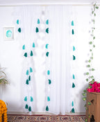 Soft White Curtains with Vertical Teal and Green Tassel Pattern
