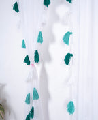 Soft White Curtains with Vertical Teal and Green Tassel Pattern