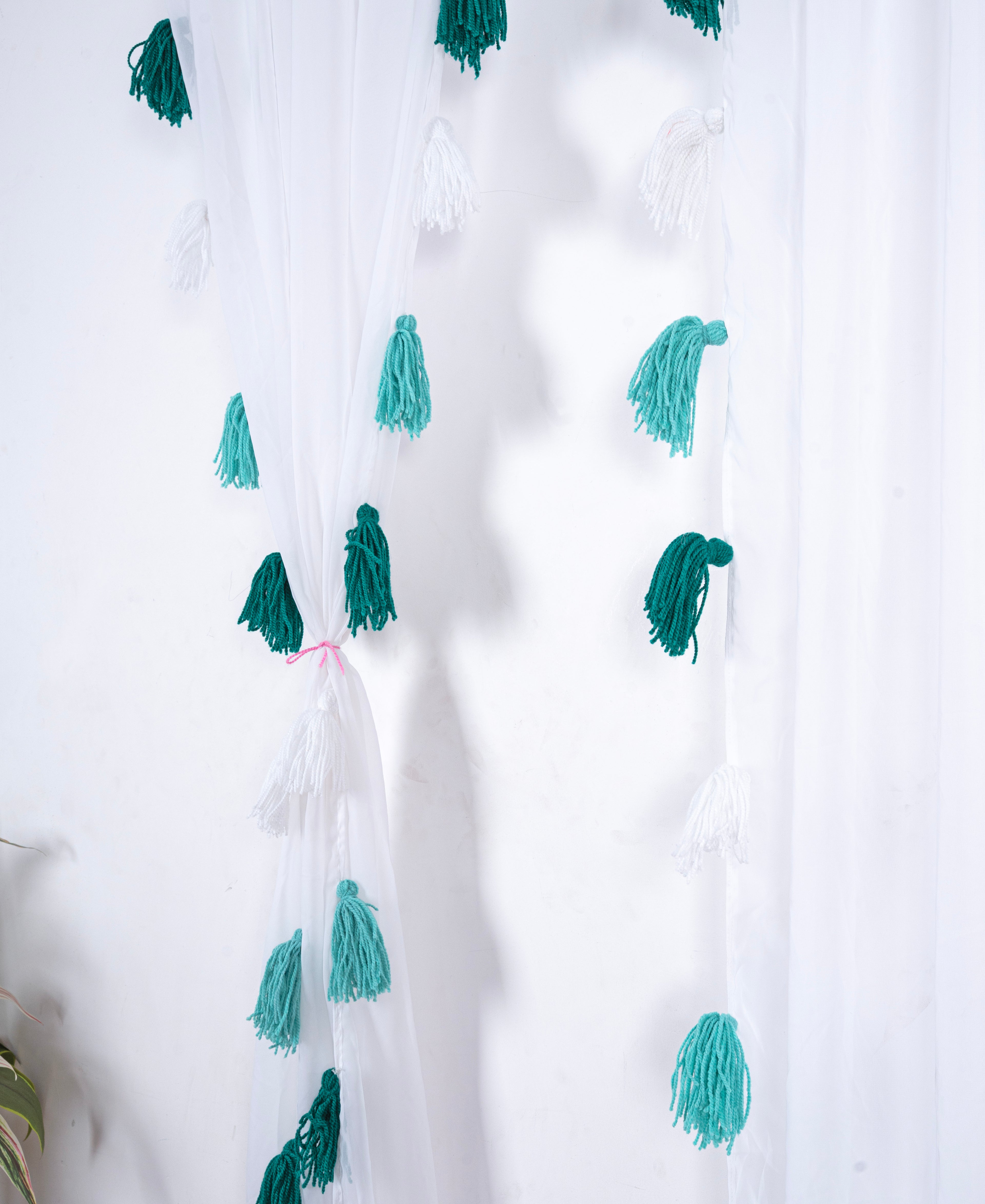 Soft White Curtains with Vertical Teal and Green Tassel Pattern
