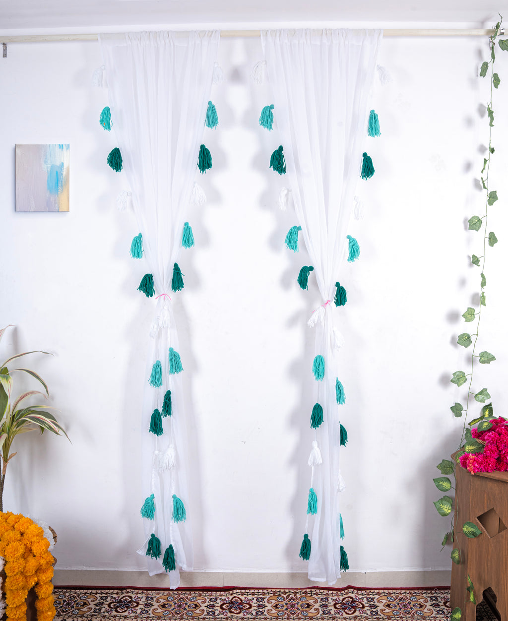 Soft White Curtains with Vertical Teal and Green Tassel Pattern
