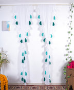 Soft White Curtains with Vertical Teal and Green Tassel Pattern