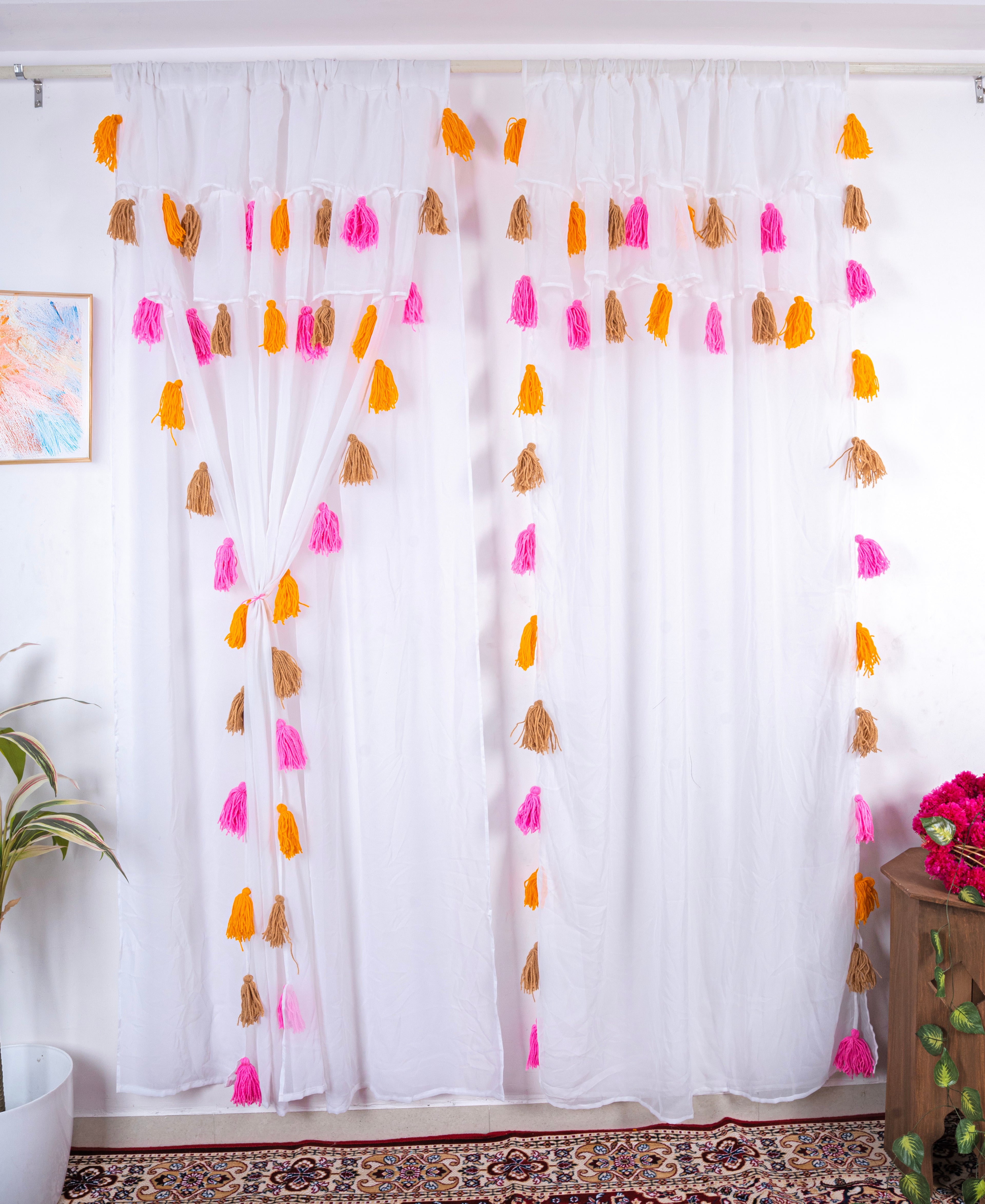 White Sheer Curtains with Pink, Mustard and Beige Tassel Details with Tie-Up Design