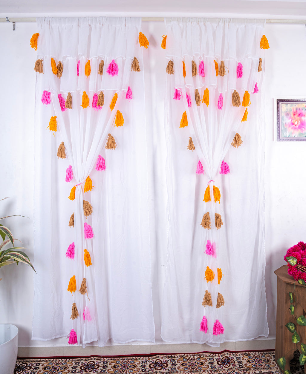 White Sheer Curtains with Pink, Mustard and Beige Tassel Details with Tie-Up Design