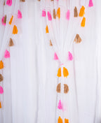 White Sheer Curtains with Pink, Mustard and Beige Tassel Details with Tie-Up Design