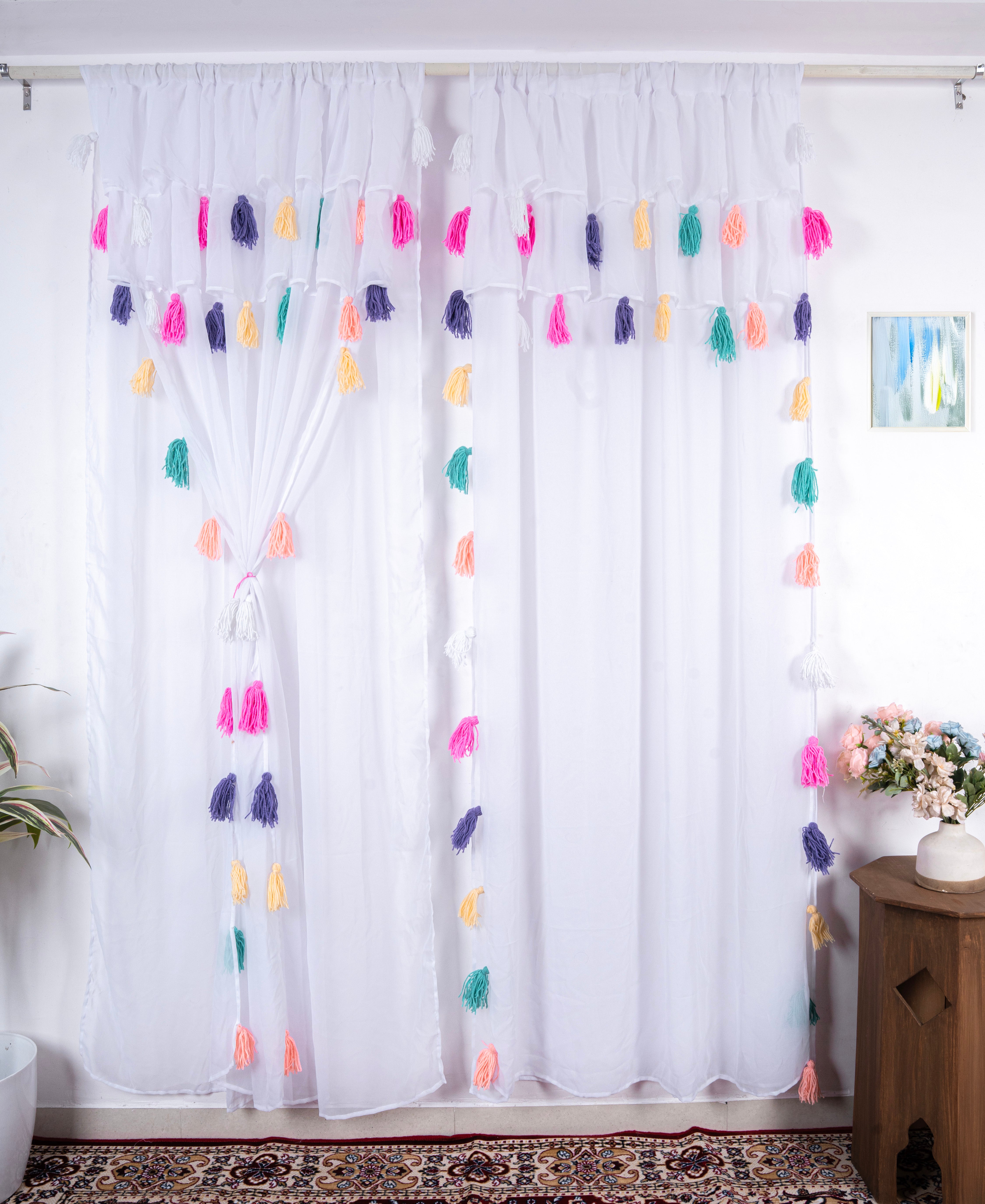 White Sheer Curtain with Multicolor Tassel Detailing Main image
