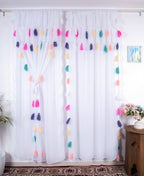 White Sheer Curtain with Multicolor Tassel Detailing