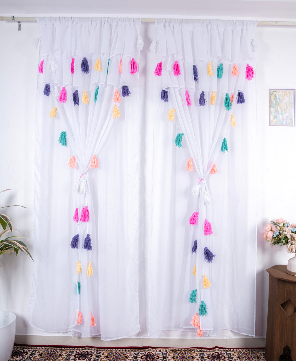 White Sheer Curtain with Multicolor Tassel Detailing