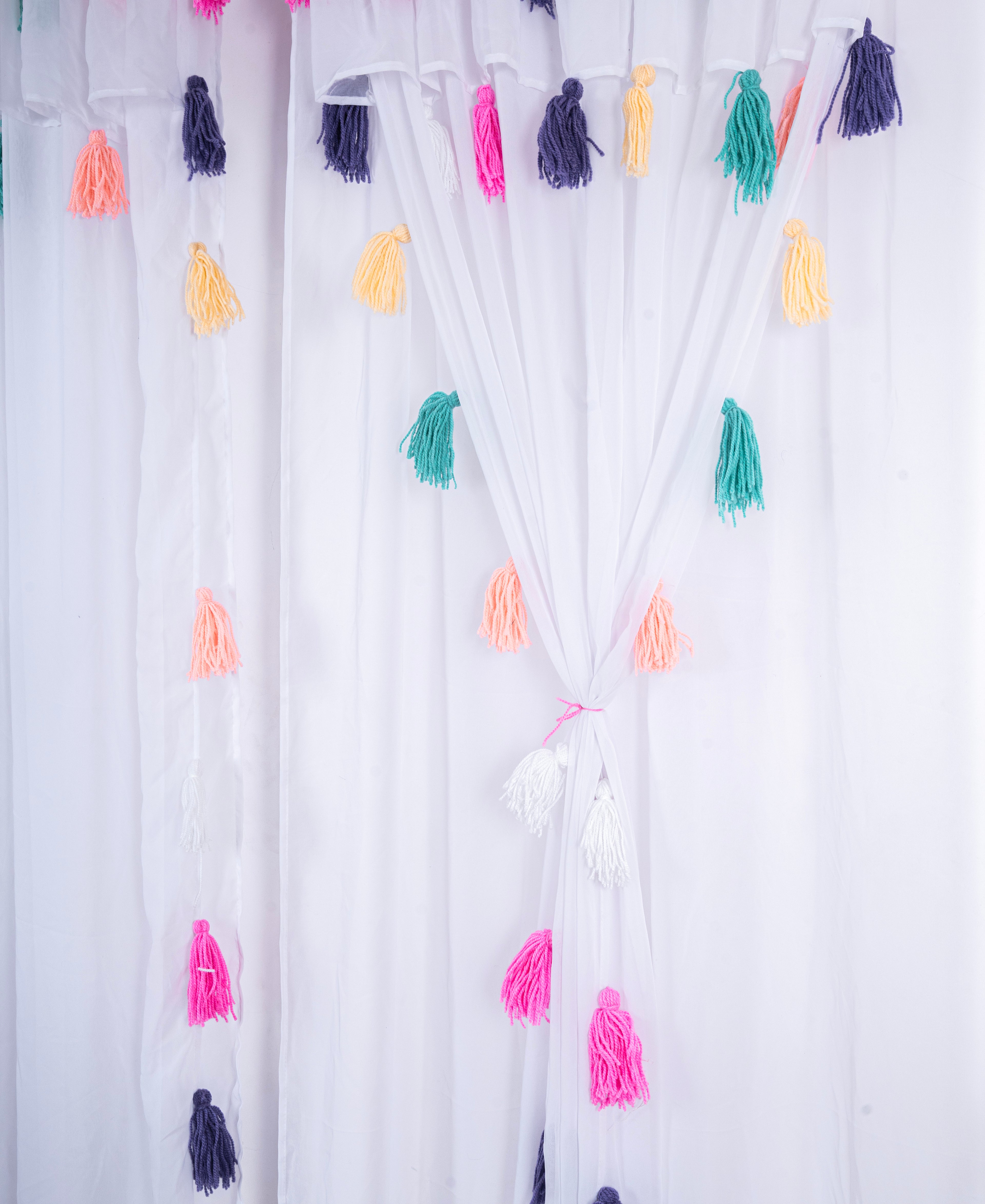 White Sheer Curtain with Multicolor Tassel Detailing