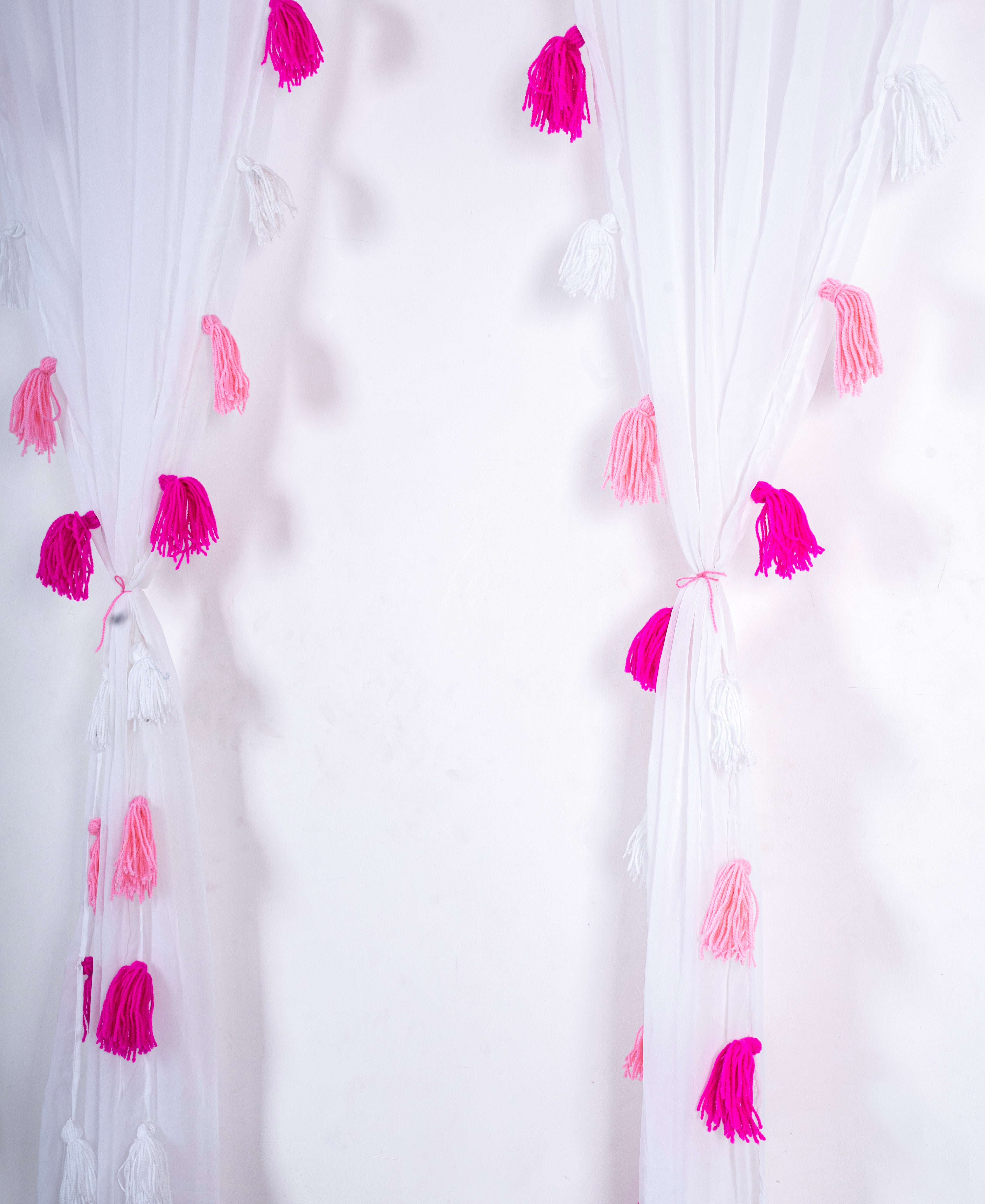 White Sheer Curtain with Pink and White Tassel Accents Secondary image