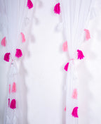 White Sheer Curtain with Pink and White Tassel Accents