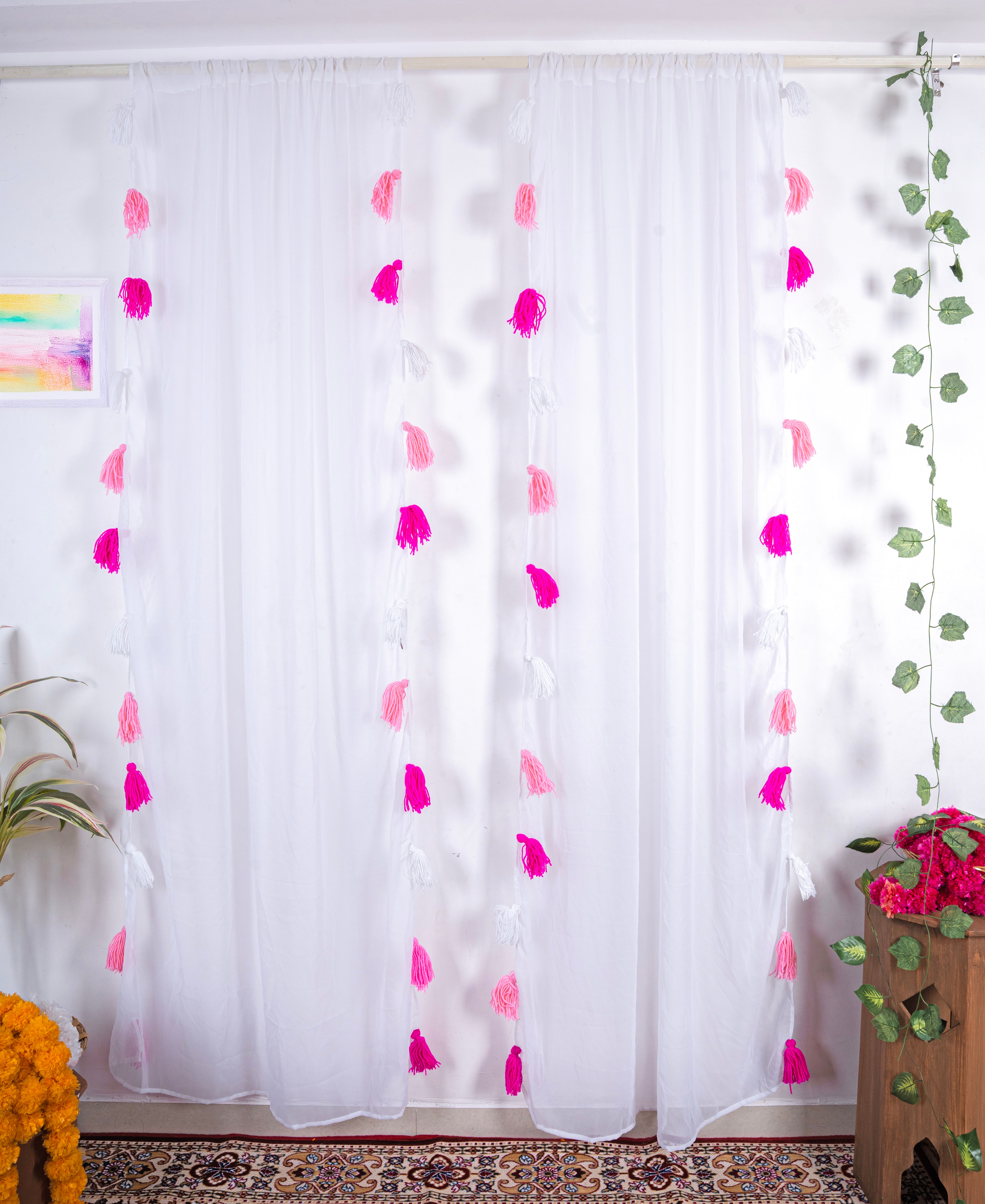 White Sheer Curtain with Pink and White Tassel Accents Main image
