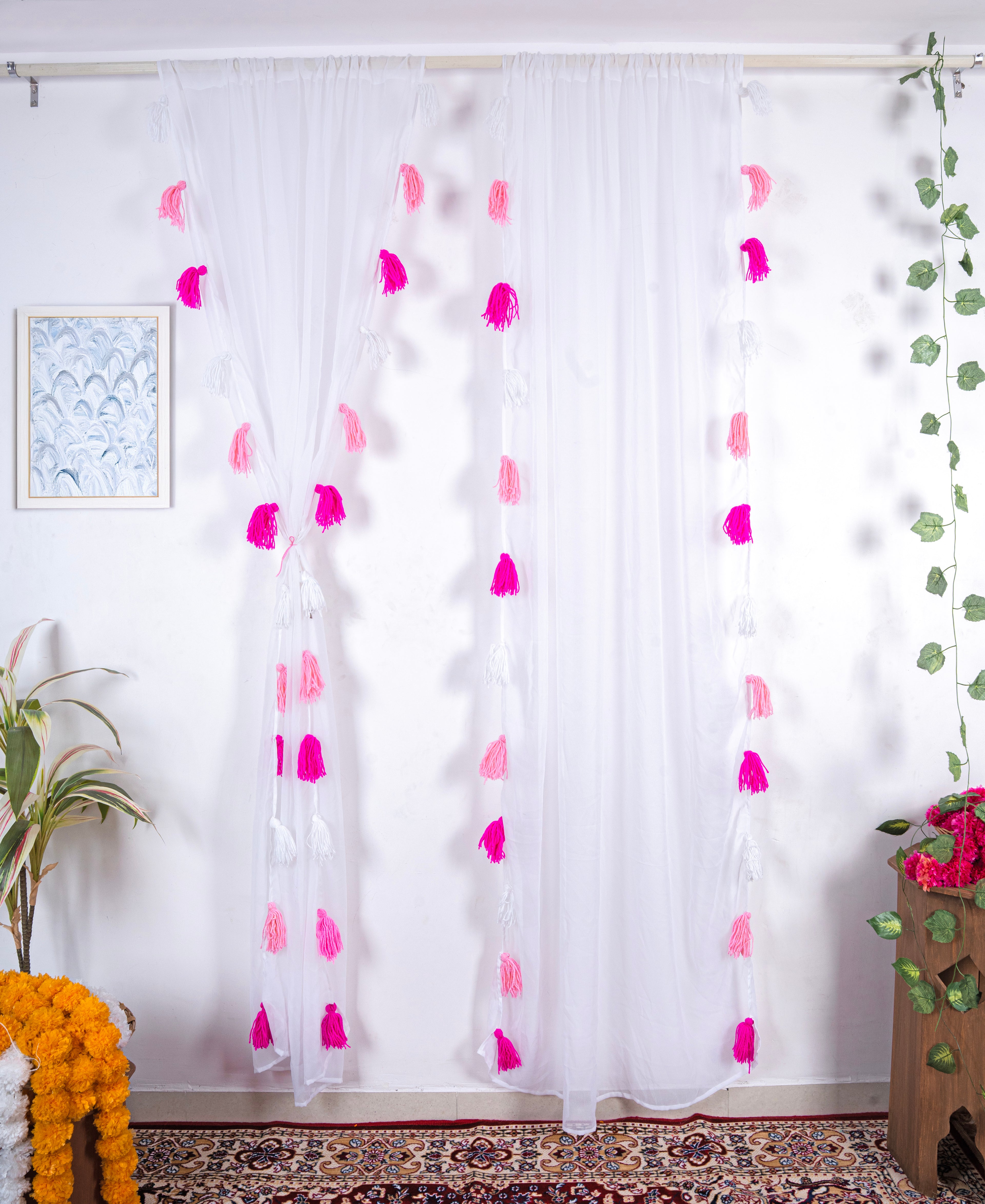 White Sheer Curtain with Pink and White Tassel Accents