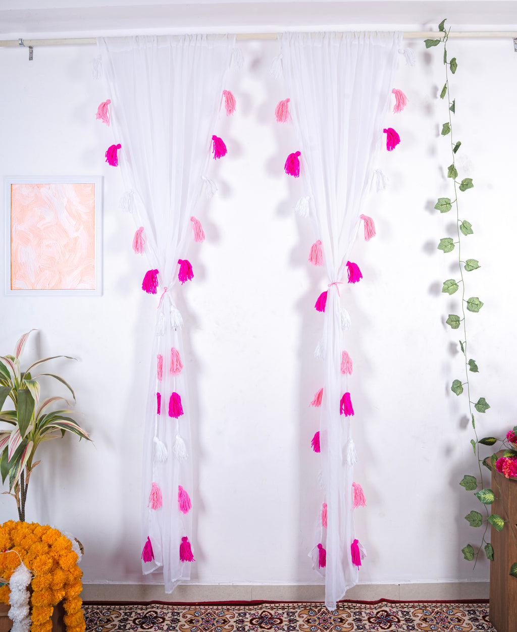 White Sheer Curtain with Pink and White Tassel Accents