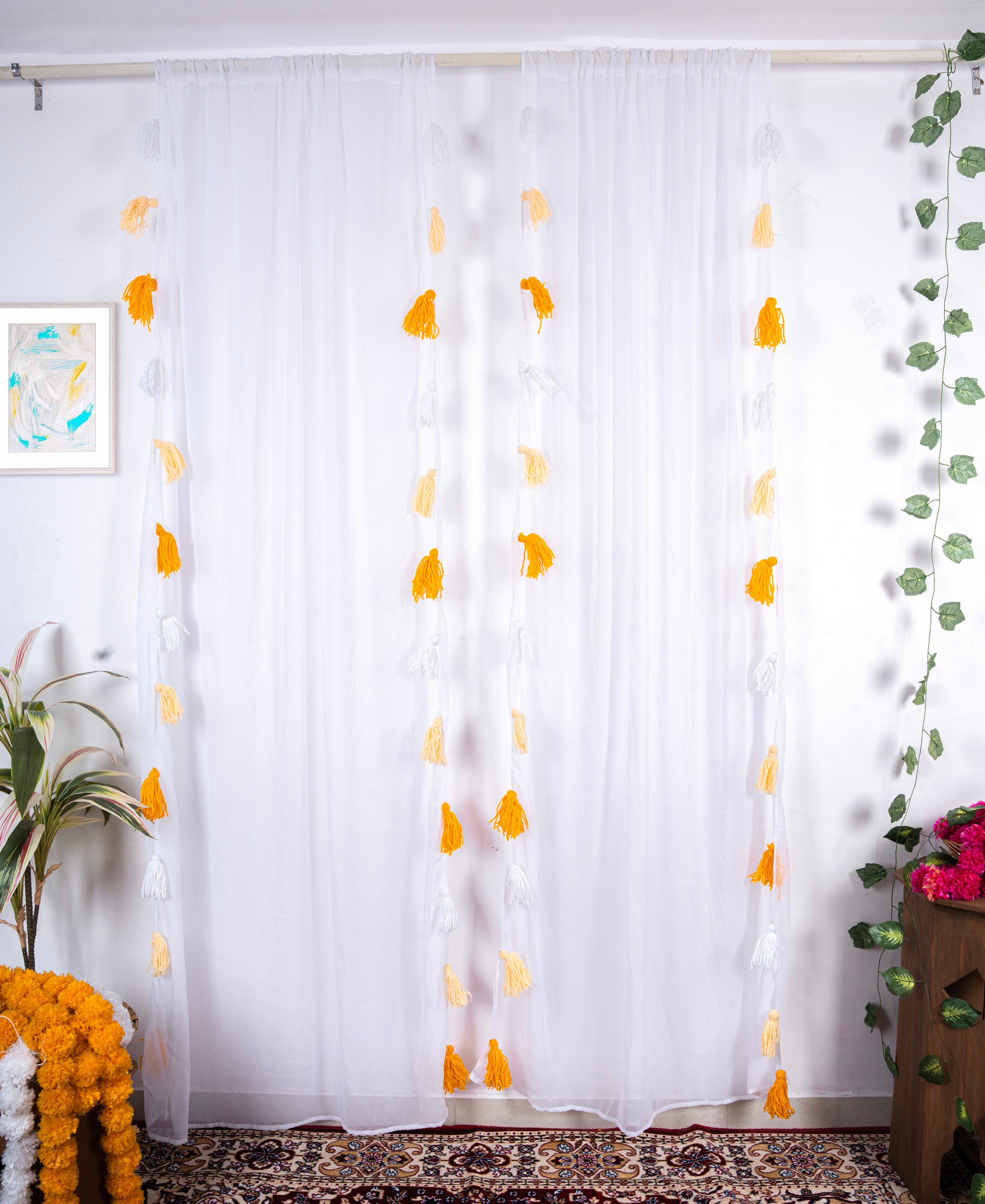 White Sheer Curtain with Yellow and White Tassel Details