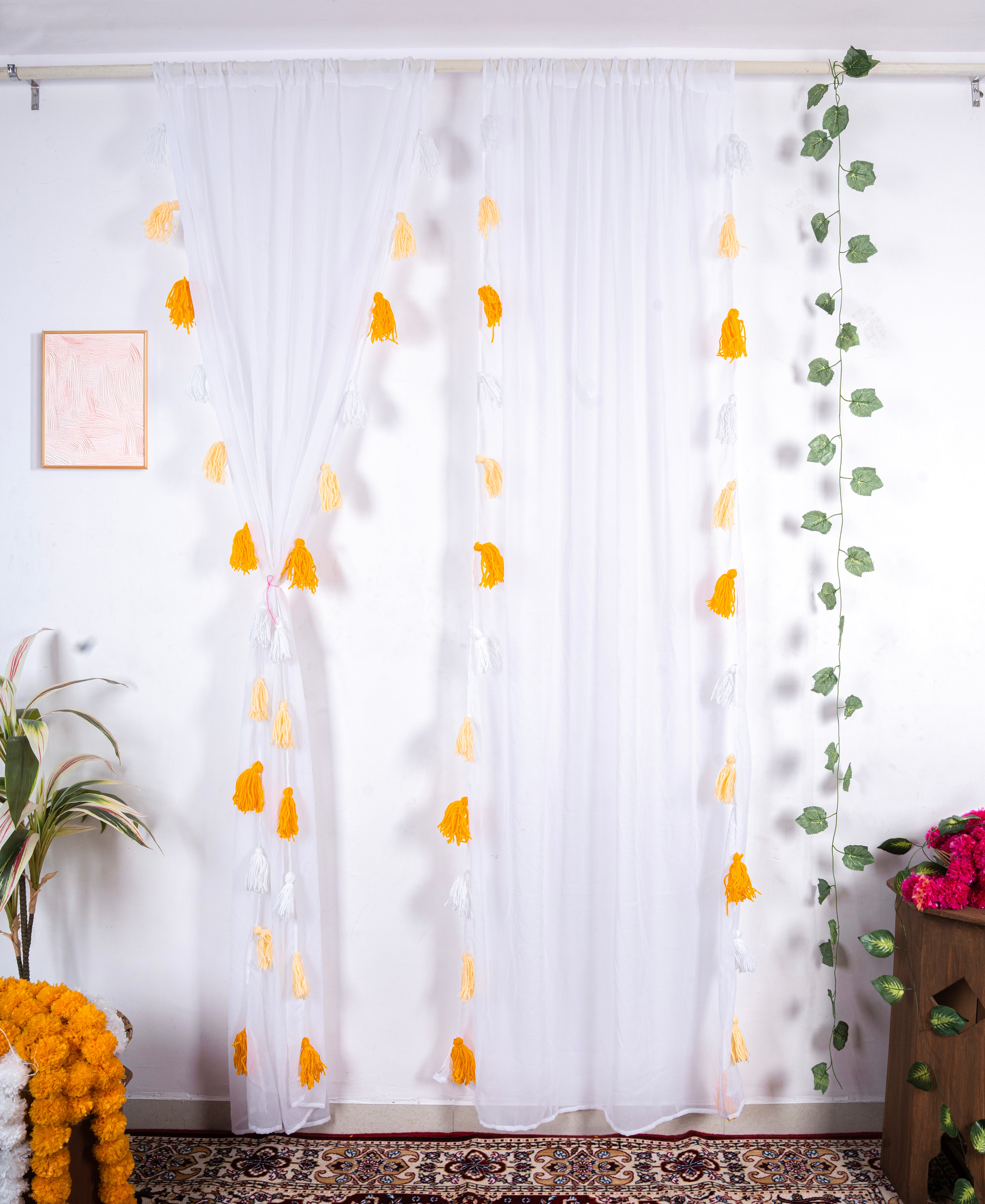 White Sheer Curtain with Yellow and White Tassel Details