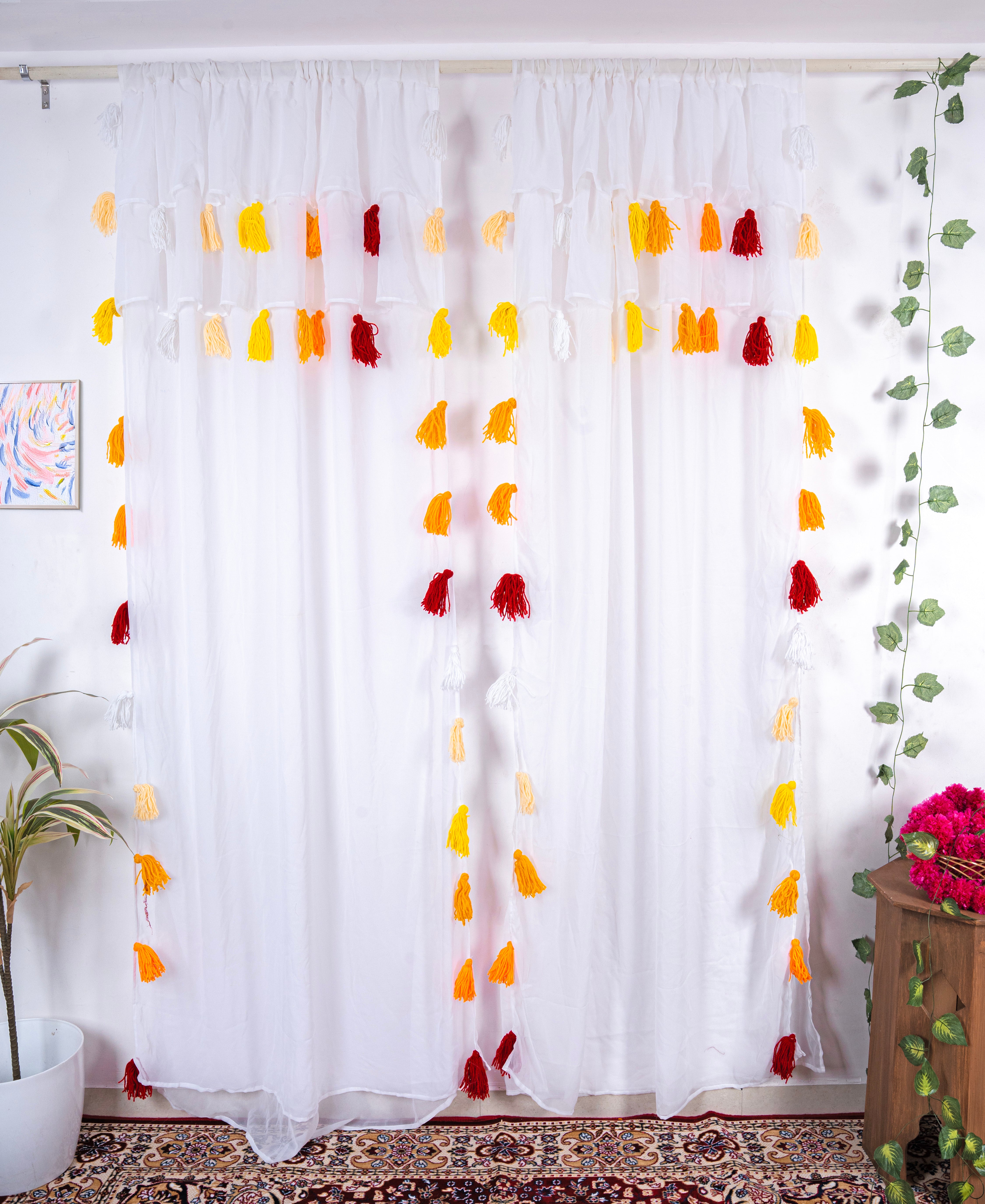 White Sheer Curtain with Yellow and Red Tassel Design Secondary image