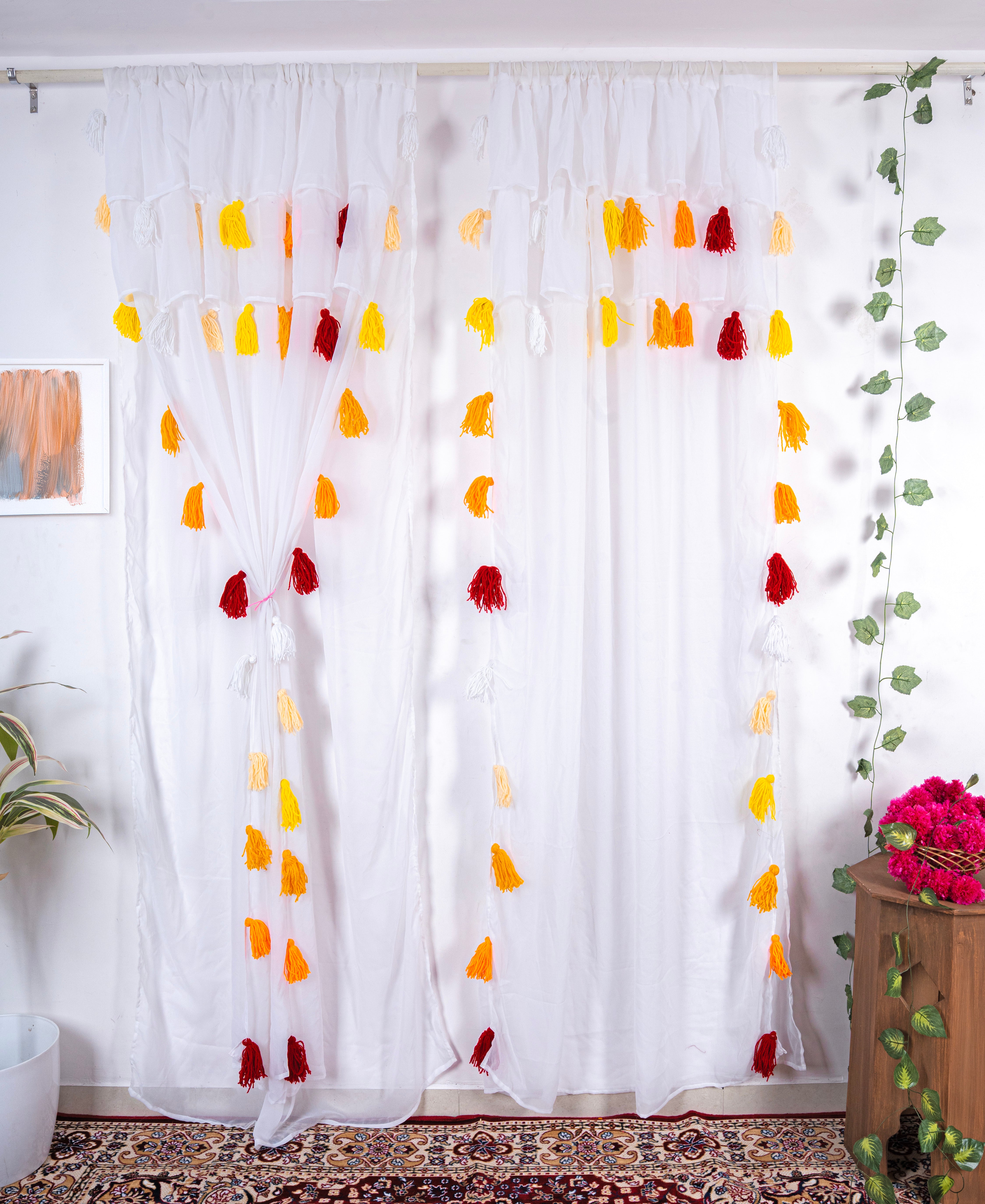 White Sheer Curtain with Yellow and Red Tassel Design Main image