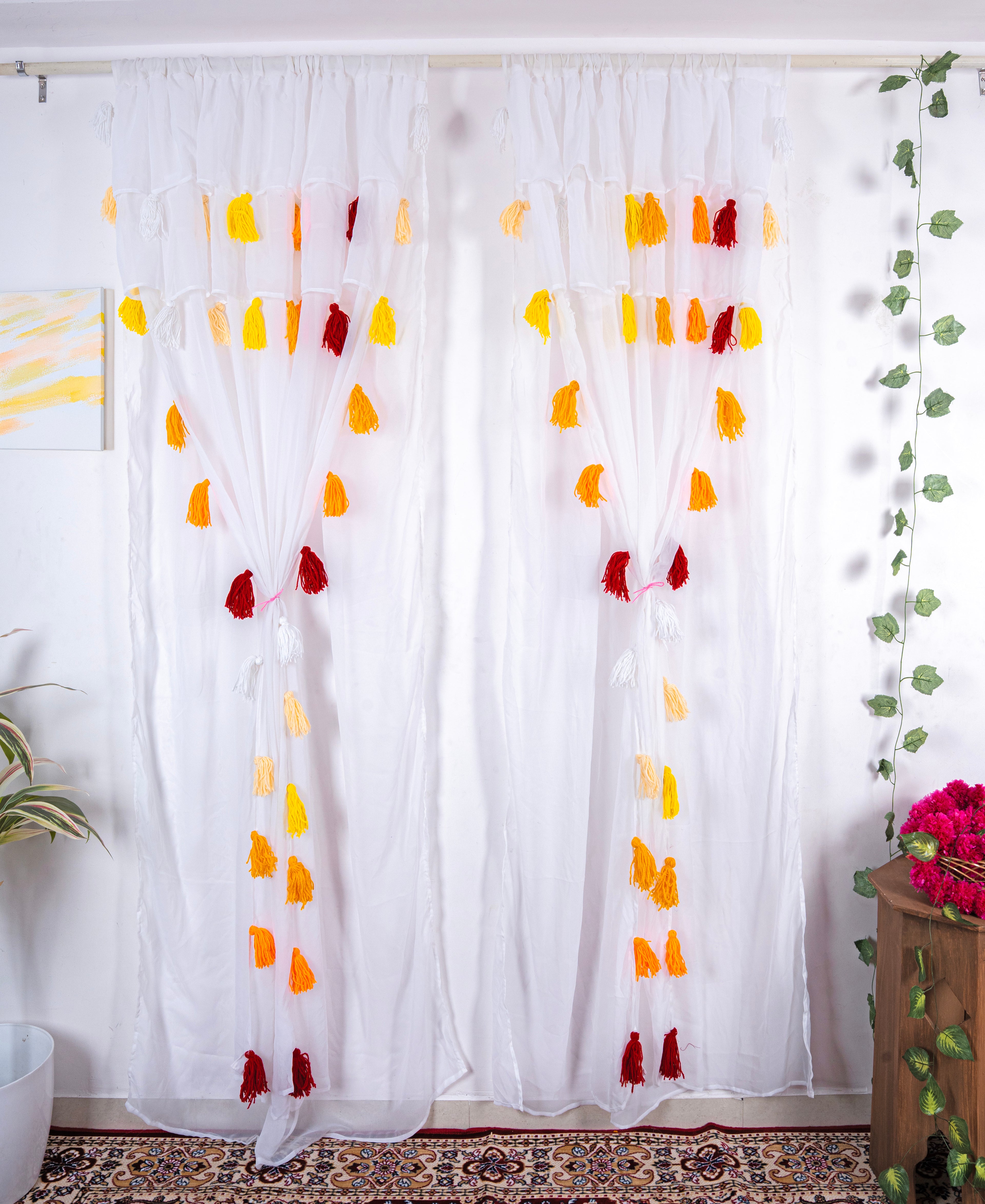 White Sheer Curtain with Yellow and Red Tassel Design