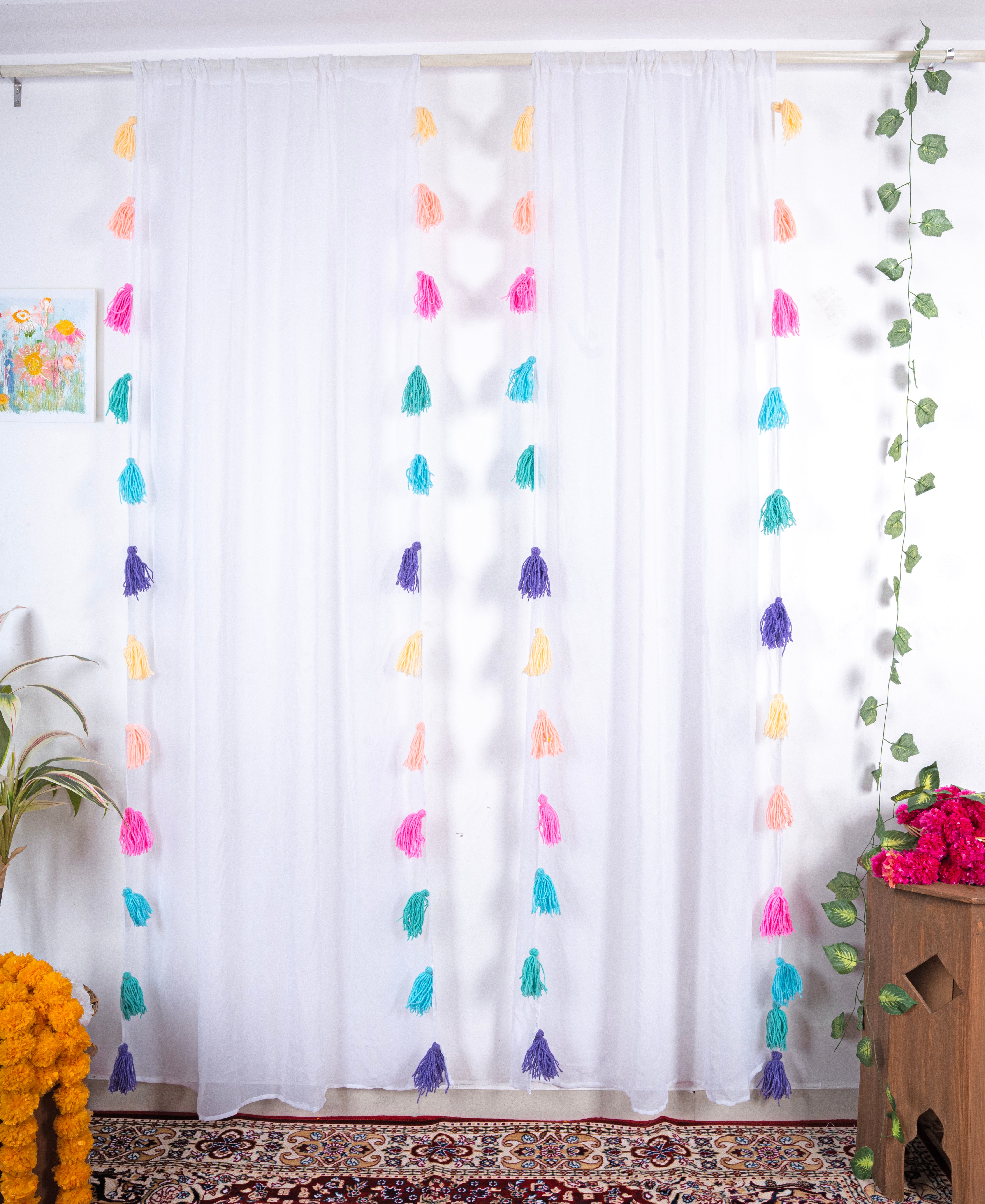 White Sheer Curtain with Multicolor Tassel Rows Main image
